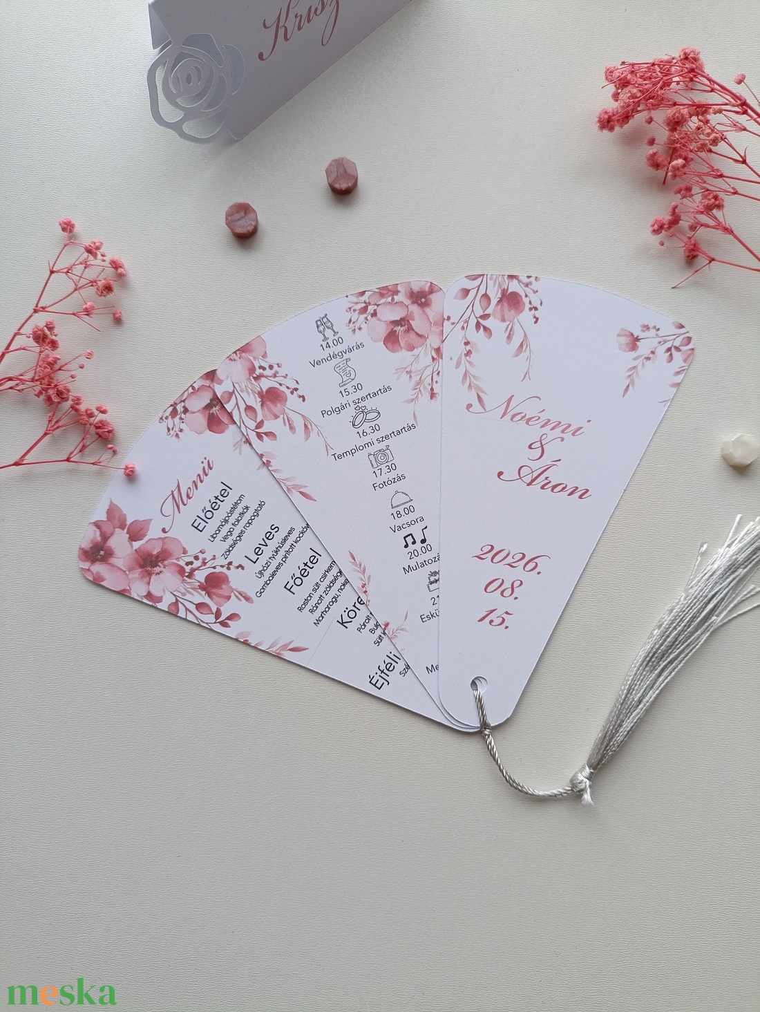 Esküvői legyező menü kártya és program kártya rózsaszín virágos  - esküvő - meghívó & kártya - menü - Meska.hu