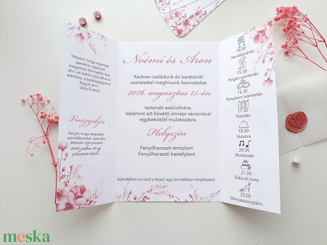 Esküvői meghívó hajtott púderes rózsaszín virágos - esküvő - meghívó & kártya - meghívó - Meska.hu