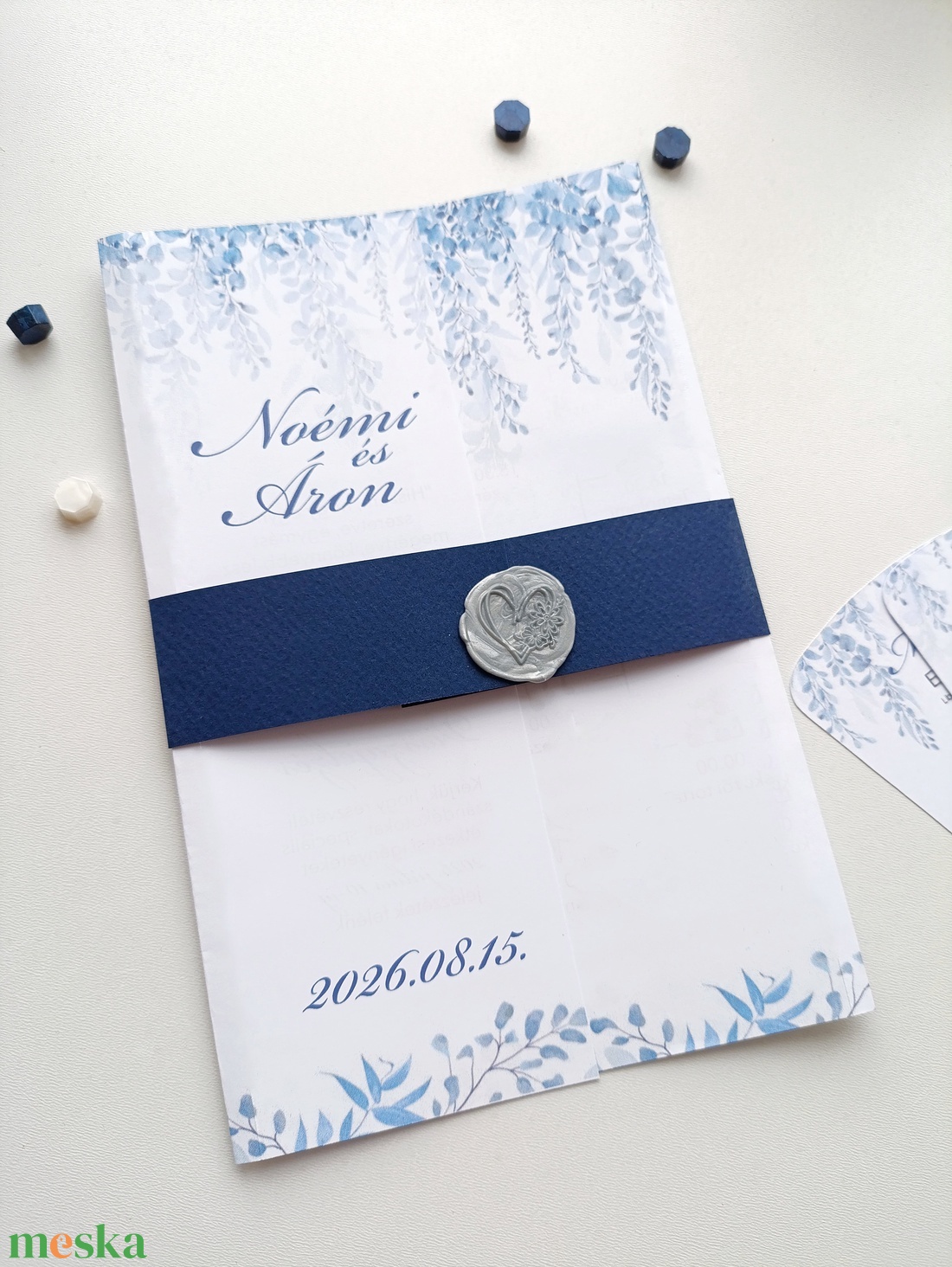 Esküvői meghívó hajtott, kék levél virágos - esküvő - meghívó & kártya - meghívó - Meska.hu
