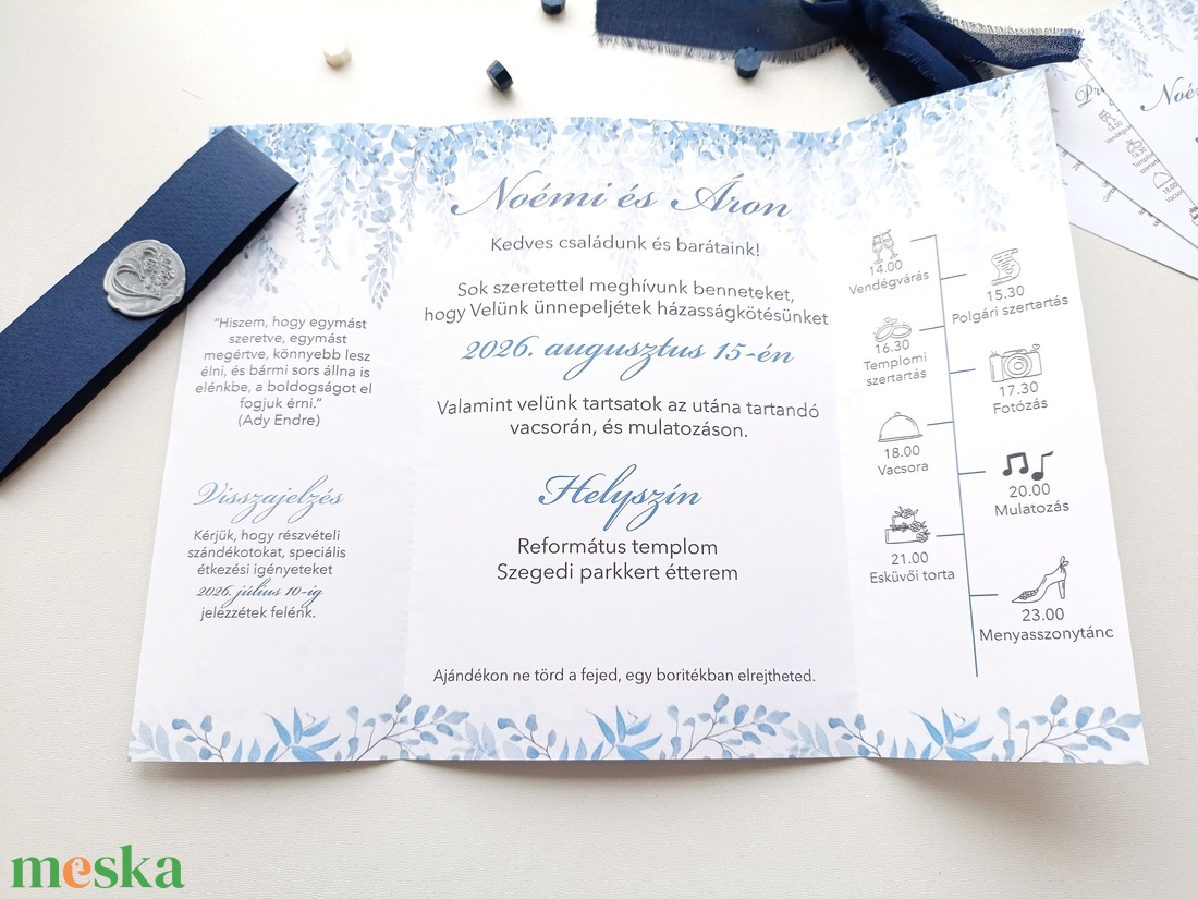 Esküvői meghívó hajtott, kék levél virágos - esküvő - meghívó & kártya - meghívó - Meska.hu