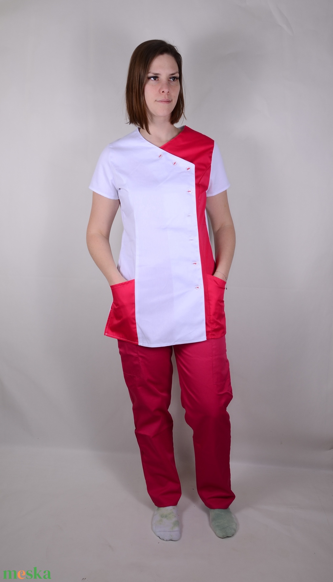 Elizabeth Tunika pink-fehér átlapolt gombos - ruha & divat - munkaruha - Meska.hu