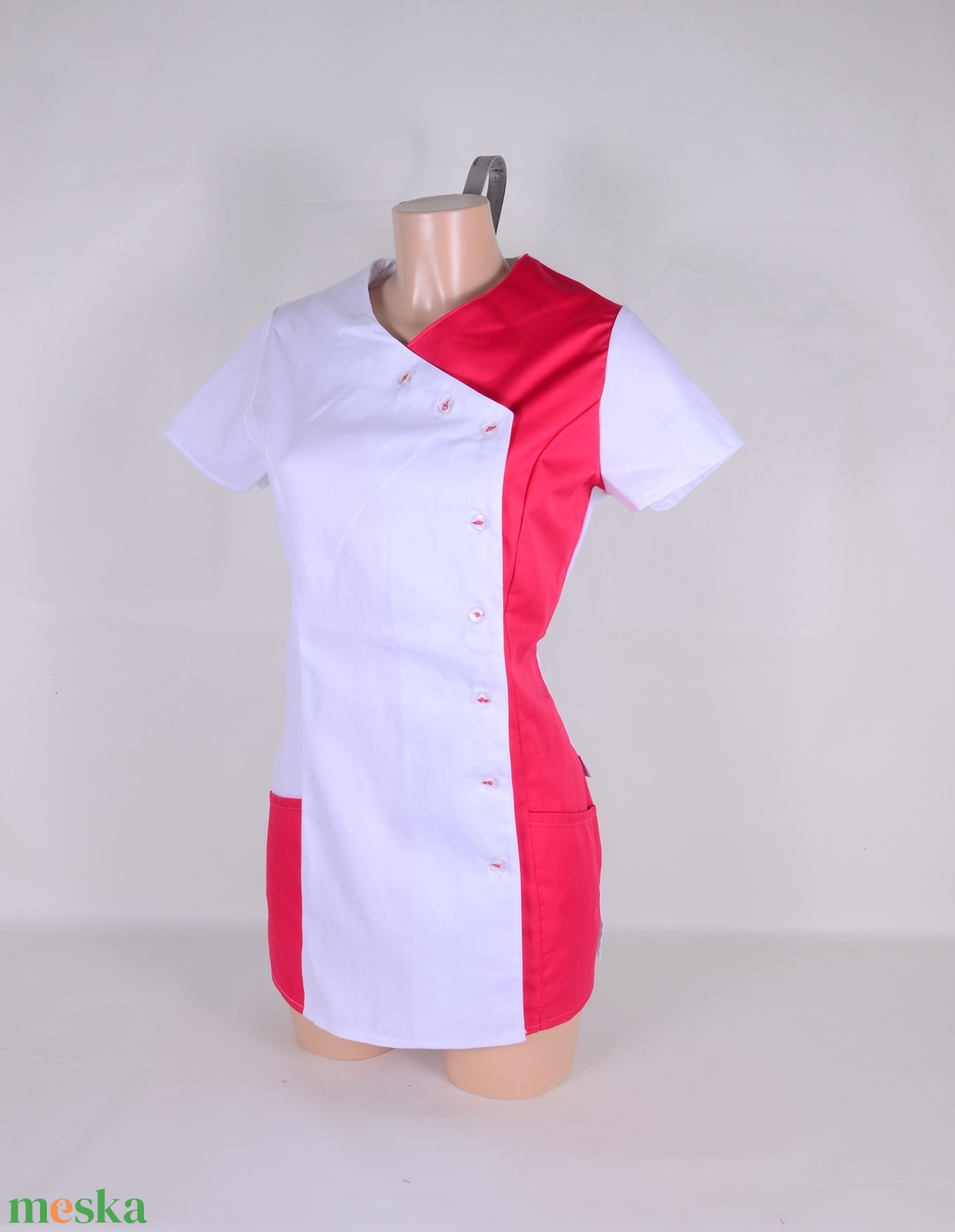 Elizabeth Tunika pink-fehér átlapolt gombos - ruha & divat - munkaruha - Meska.hu