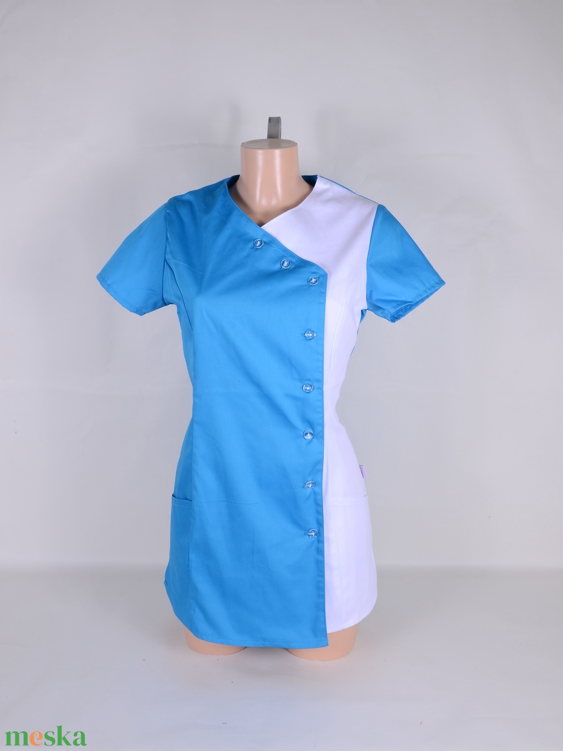 Elizabeth Tunika türkízkék-fehér átlapolt gombos - ruha & divat - munkaruha - Meska.hu