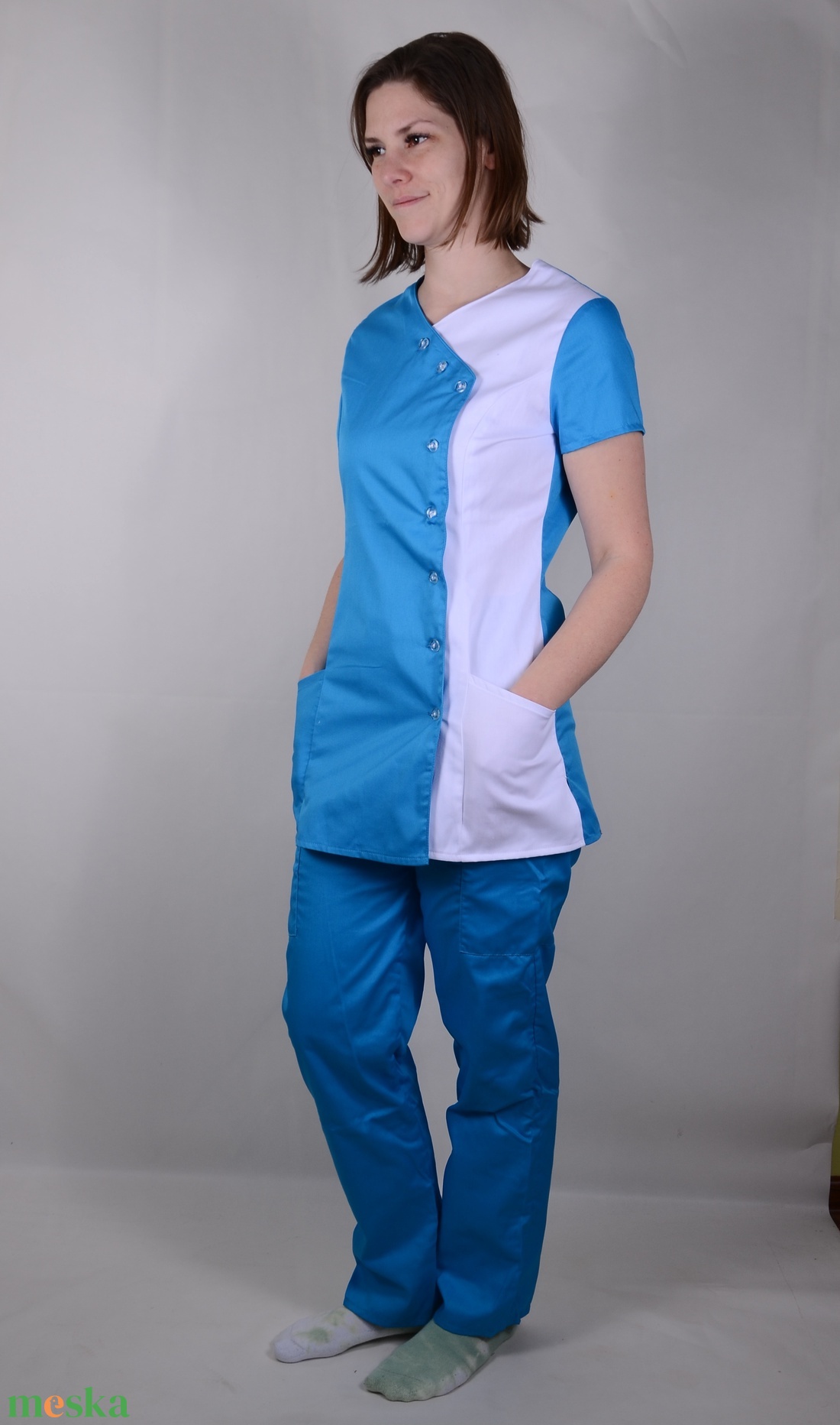 Elizabeth Tunika türkízkék-fehér átlapolt gombos - ruha & divat - munkaruha - Meska.hu