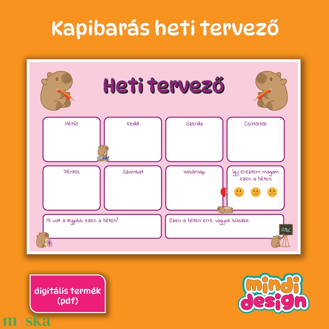 Kapibarás heti tervező gyerekeknek - A4, nyomtatható (pdf) - otthon & életmód - papír, írószer - naptár & tervező - Meska.hu