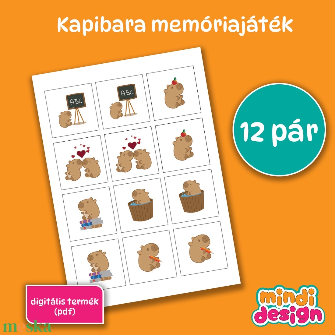 Kapibara memóriajáték � nyomtatható (PDF) - játék & sport - készségfejlesztő és logikai játék - memória játékok - Meska.hu