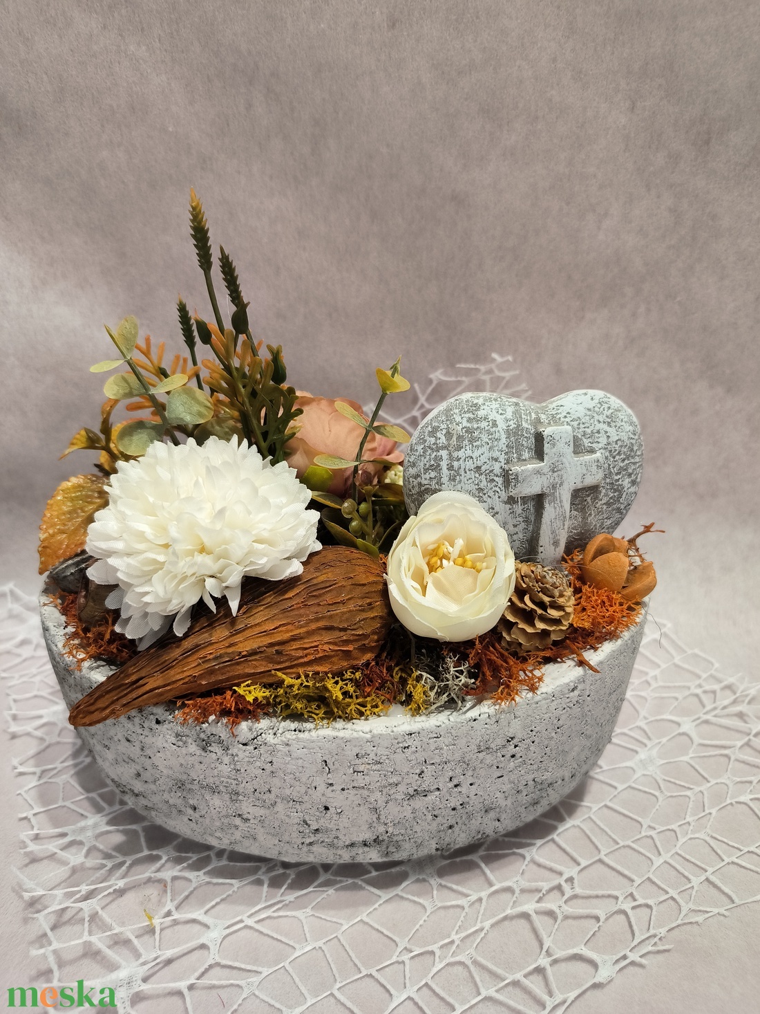 Kegyeleti sírdísz ovális kő kaspóban - otthon & életmód - vallás - temetkezési tárgy - sírdísz, kegyeleti dísz - Meska.hu