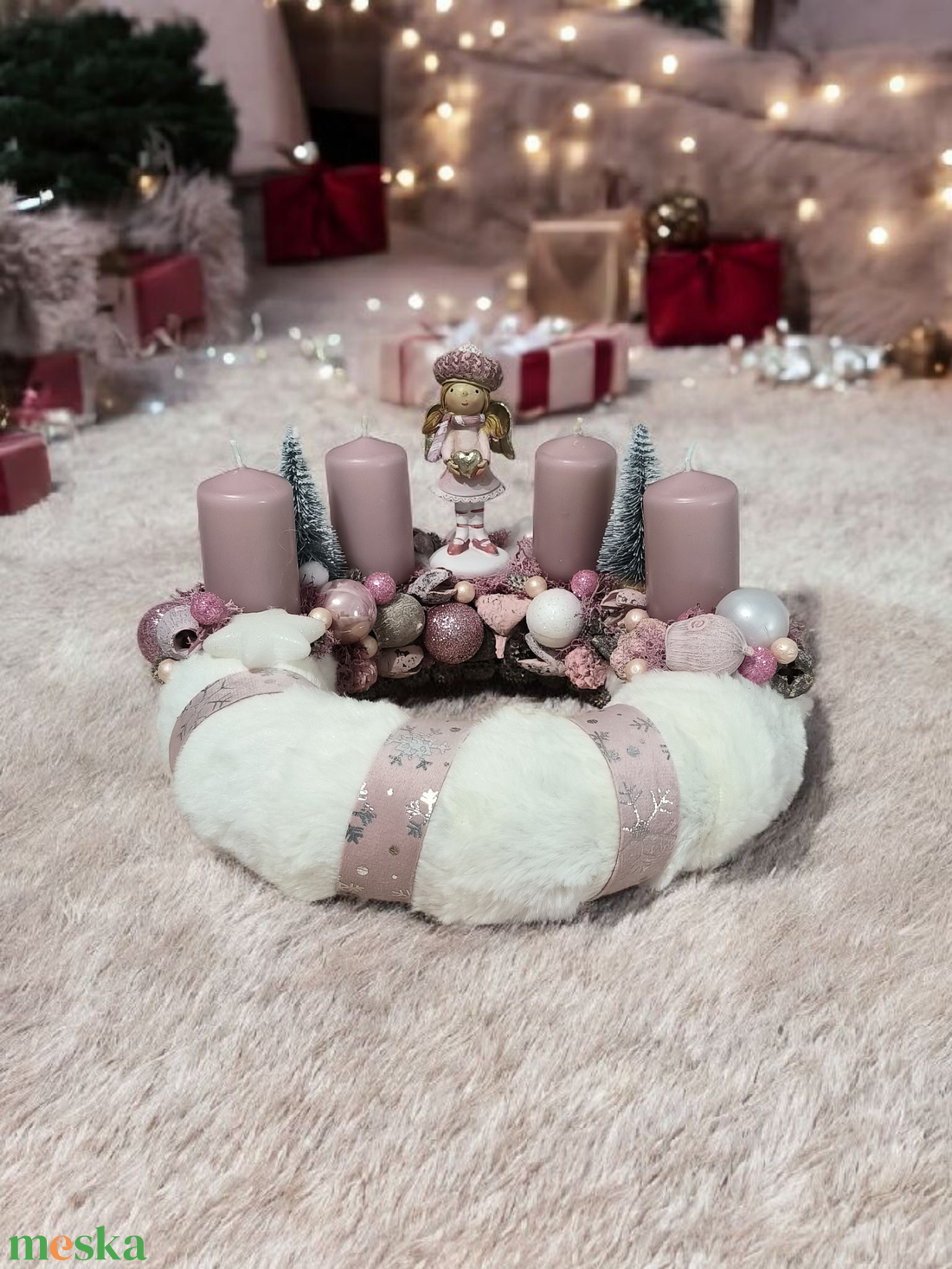 Pasztell adventi koszorú angyalkával  - karácsony - adventi díszek - adventi asztaldísz - Meska.hu