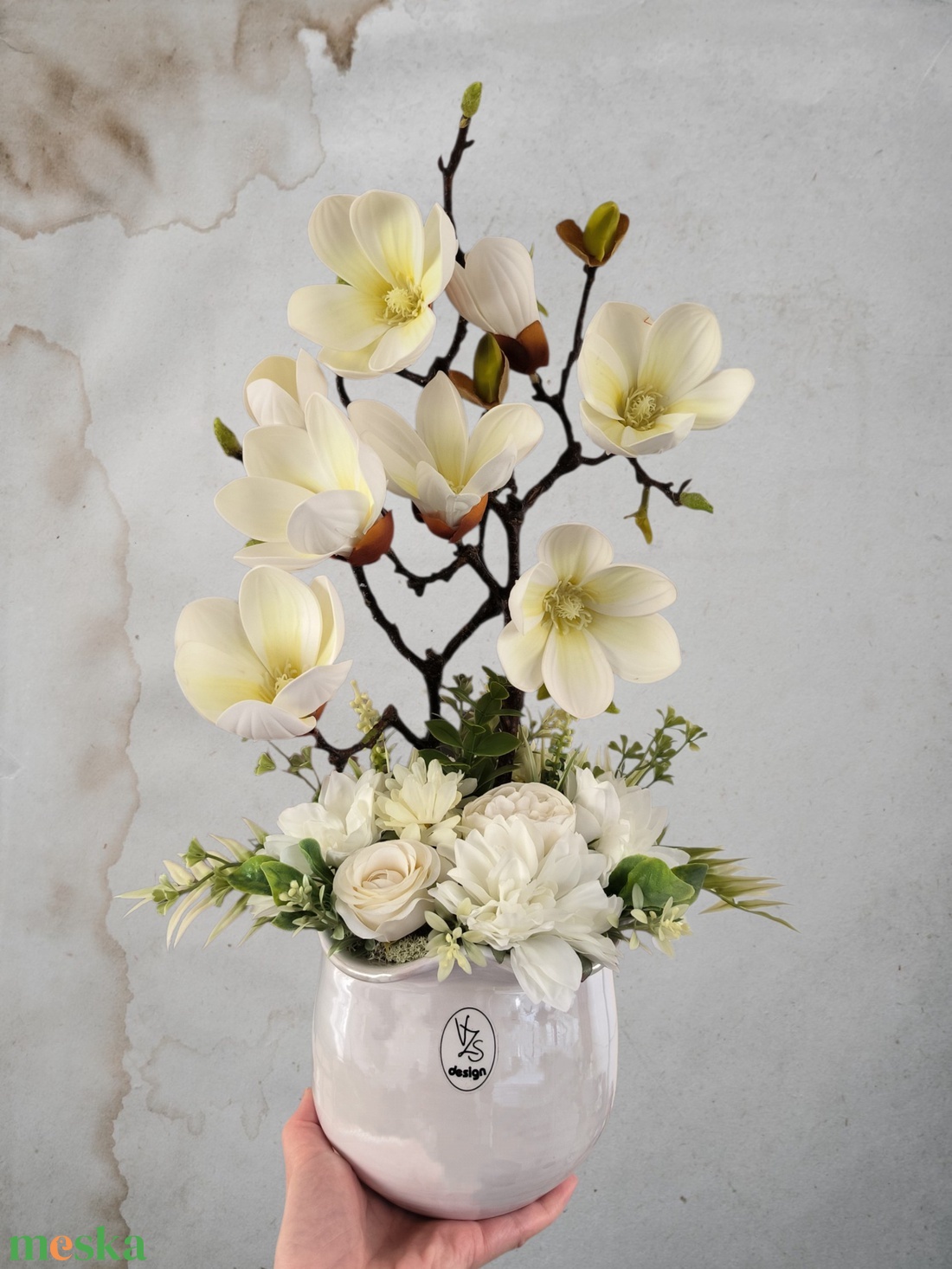 Magnólia dekoráció kerámia kaspóban  - otthon & életmód - virágdekoráció - virágdíszek - asztali virágdísz - Meska.hu