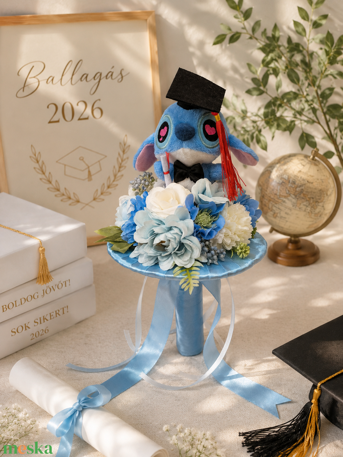 Stitch figurás ballagási csokor - otthon & életmód - virágdekoráció - virágok - virágcsokor - Meska.hu