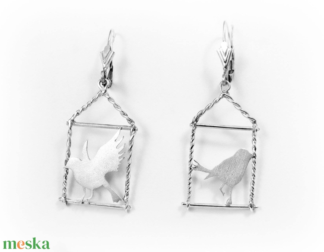 Ezüst madaras lógós fülbevaló pár - ékszer - fülbevaló - lógó fülbevaló - Meska.hu