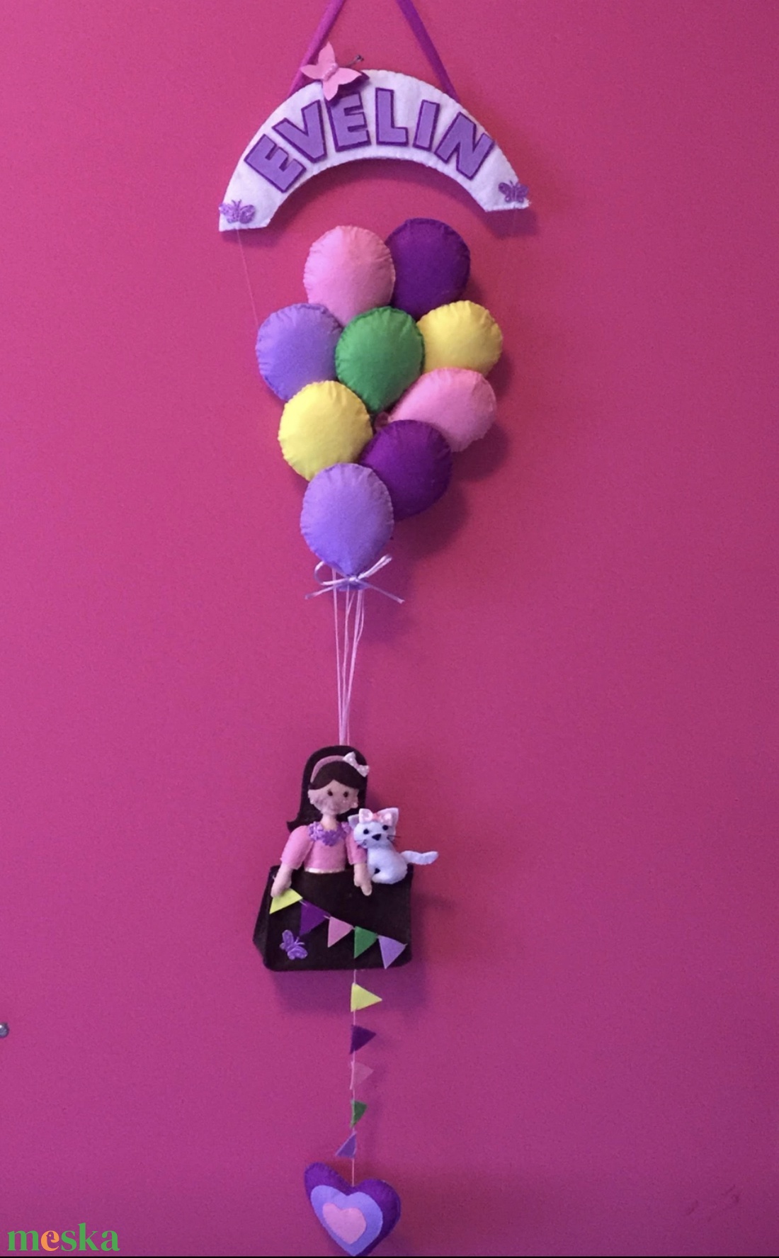 Kislány cicával,léggömbökkel nnévtábla, babaszoba dekoráció, ajtódísz  - otthon & életmód - babaszoba, gyerekszoba - gyerek névtábla - Meska.hu