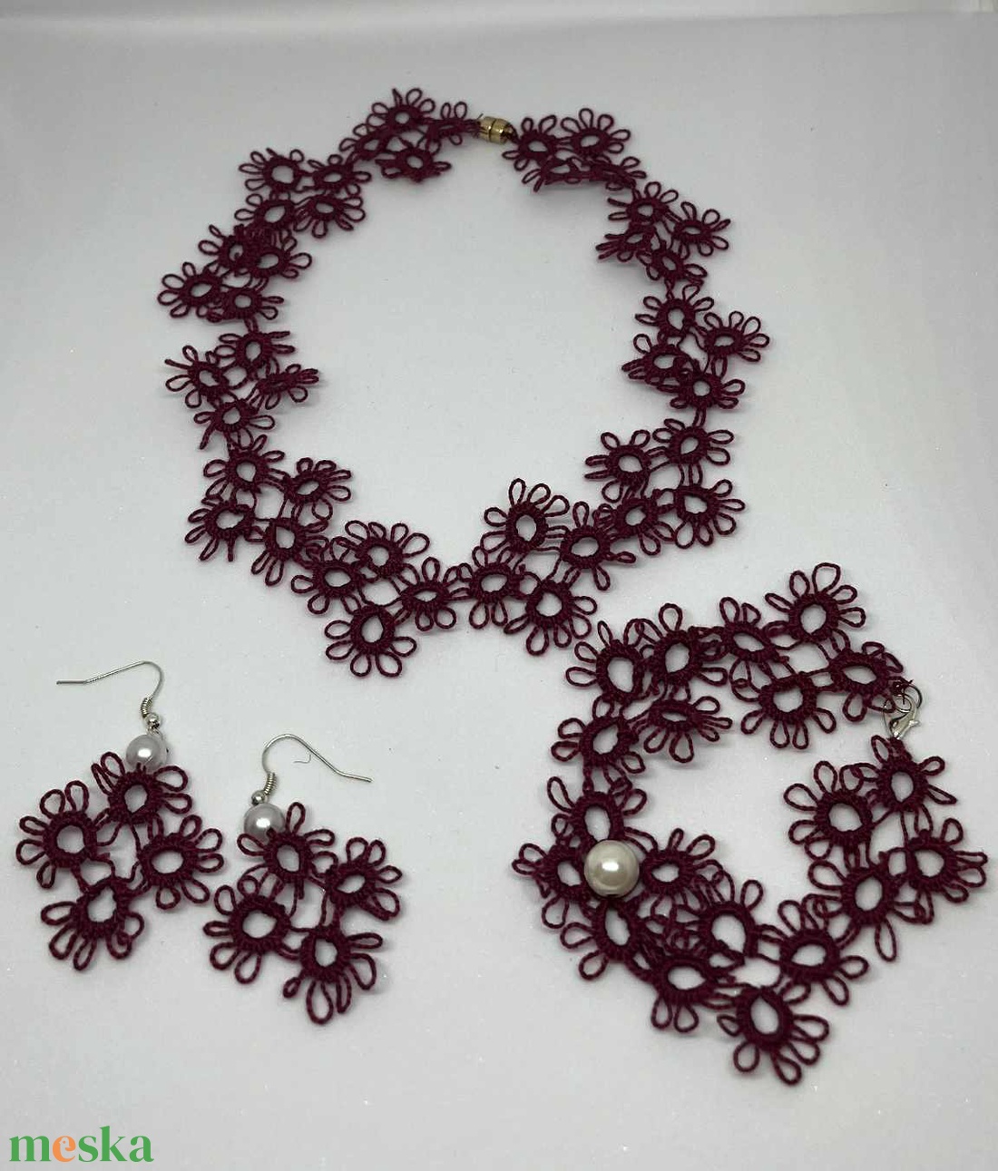 Bordó csipke szett - nyaklánc, karkötő, fülbevaló - ékszer - ékszerszett - Meska.hu