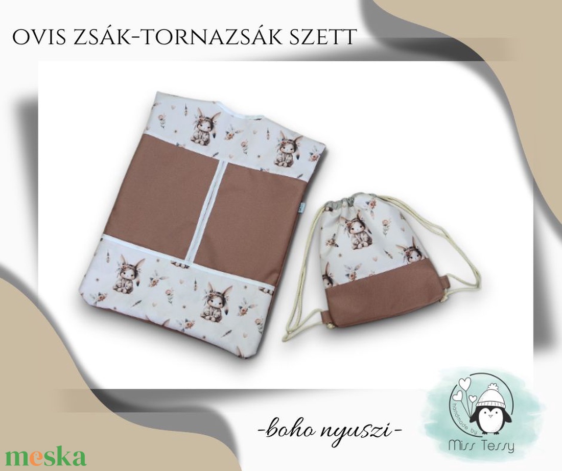 VÍZHATLAN OVIS ZSÁK - TORNAZSÁK SZETT  boho nyuszi - játék & sport - ovis felszerelés - ovis szett - Meska.hu