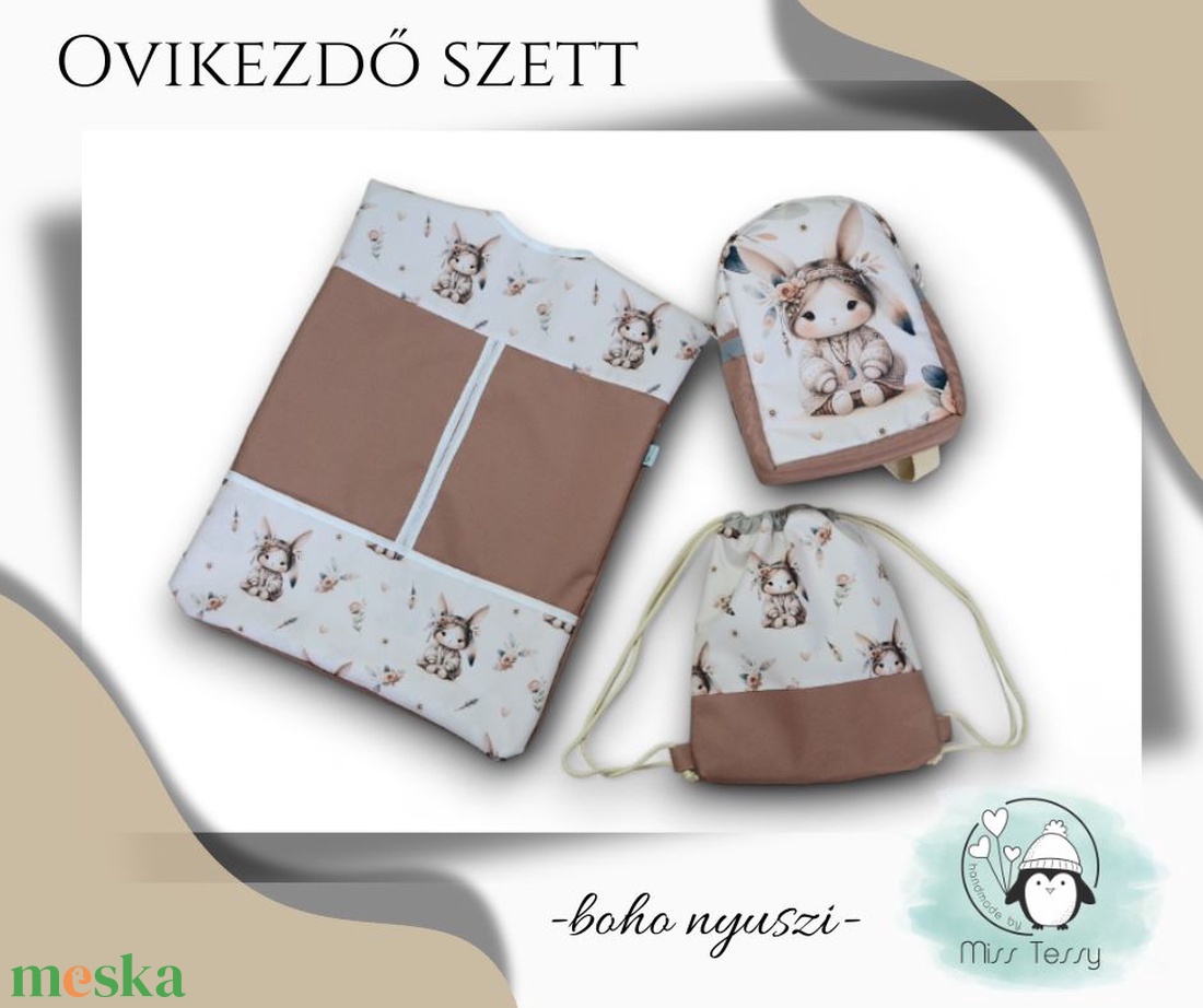 VÍZHATLAN OVIS ZSÁK - TORNAZSÁK SZETT HÁTIZSÁK SZETT  boho nyuszi - játék & sport - ovis felszerelés - ovis szett (zsák és tornazsák) - Meska.hu