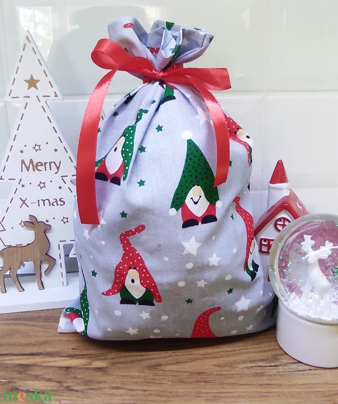 textil mikulás zsák-ajándék átadó zsák manó mintával  - karácsony - mikulás - mikulás zsák - Meska.hu