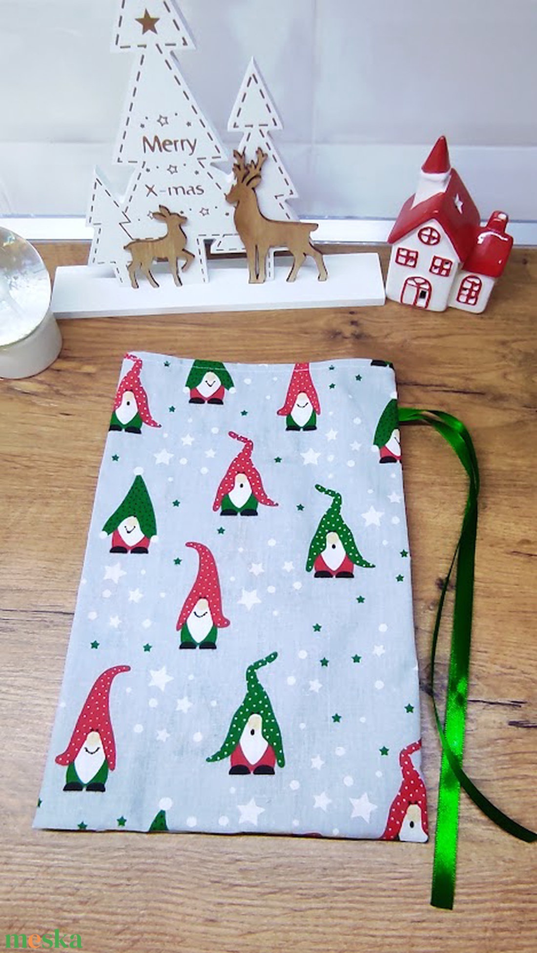 textil mikulás zsák-ajándék átadó zsák manó mintával  - karácsony - mikulás - mikulás zsák - Meska.hu