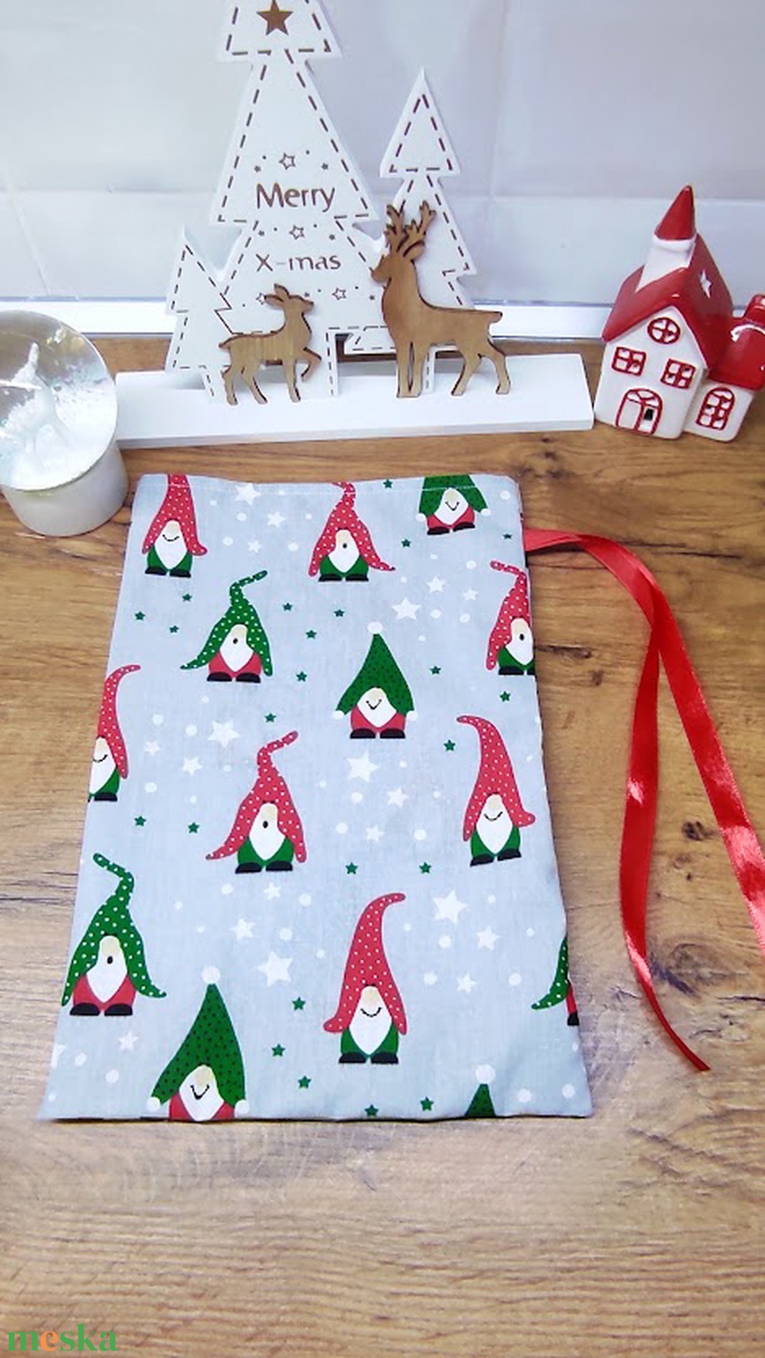textil mikulás zsák-ajándék átadó zsák manó mintával  - karácsony - mikulás - mikulás zsák - Meska.hu