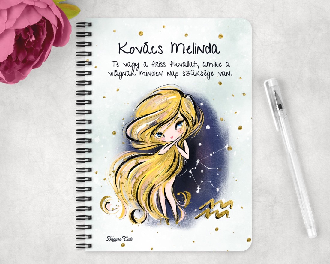 Személyre szabható - Szőke hajú Csini Vízöntő lány mintás A5-ös füzet - otthon & életmód - papír, írószer - jegyzetfüzet & napló - Meska.hu