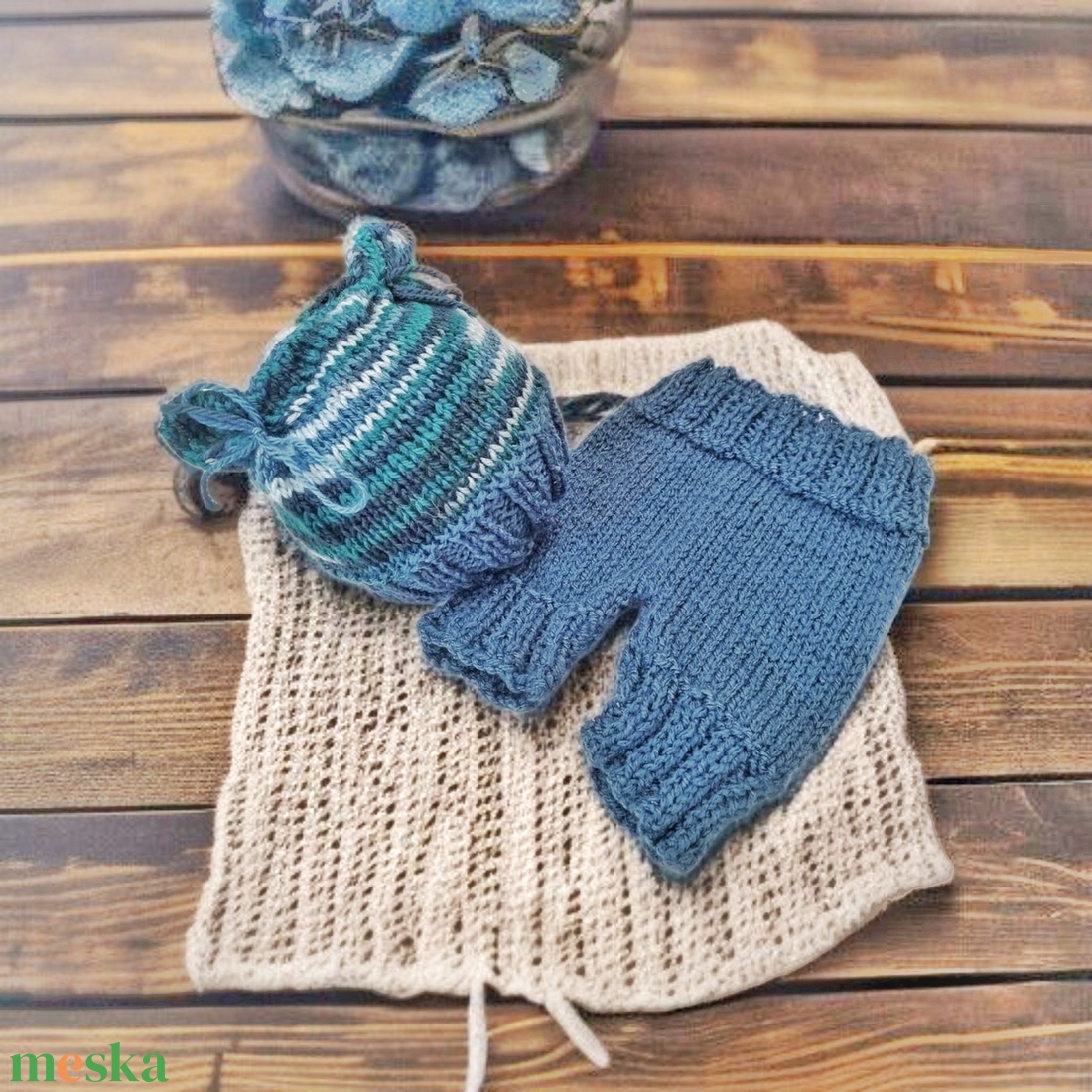  Kötött baba sapka és nadrág szett újszülött fotózásra  - baba - mama - babafotózás - szett újszülött fotózásra - Meska.hu