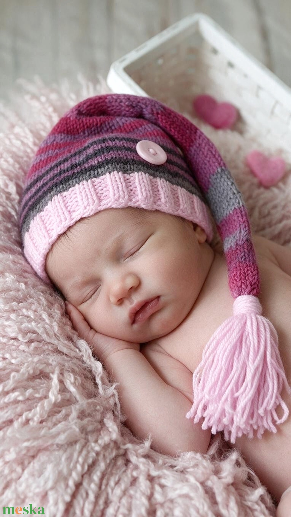 Rózsaszín-lila kötött újszülött sapka bojttal - baba - mama - babaruházat - babasapka - Meska.hu