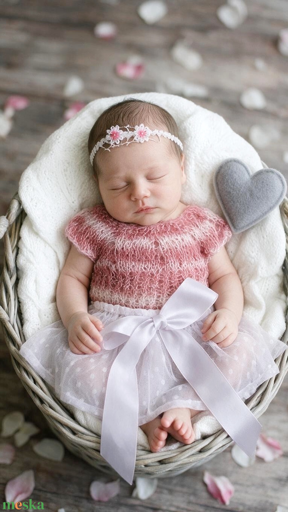 Rózsaszín-fehér újszülött fotózási szett tüllszoknyával és virágos fejpánttal - baba - mama - babafotózás - szett újszülött fotózásra - Meska.hu