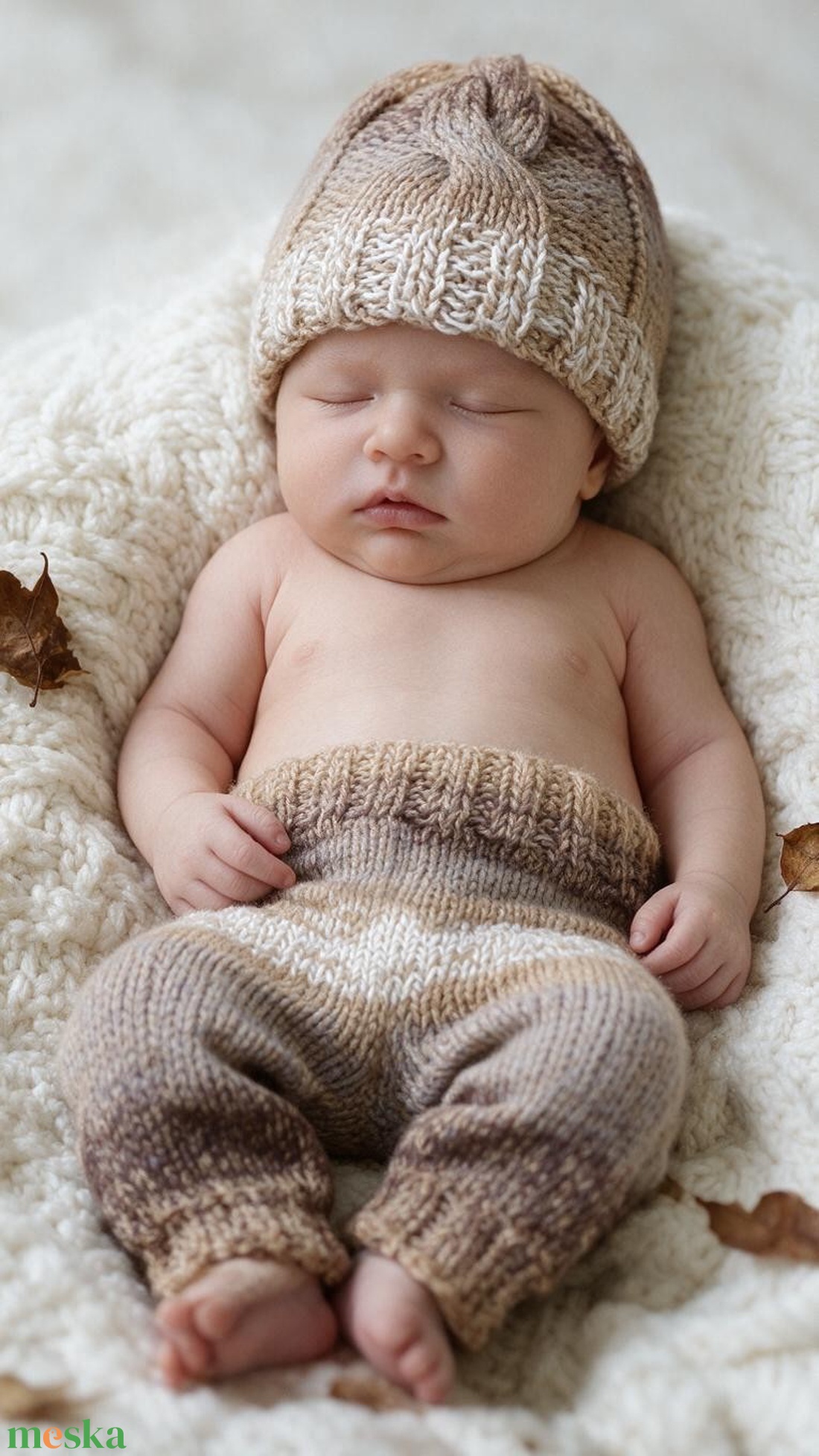 Barna beige kötött újszülött szett sapkával és nadrággal - baba - mama - babafotózás - szett újszülött fotózásra - Meska.hu