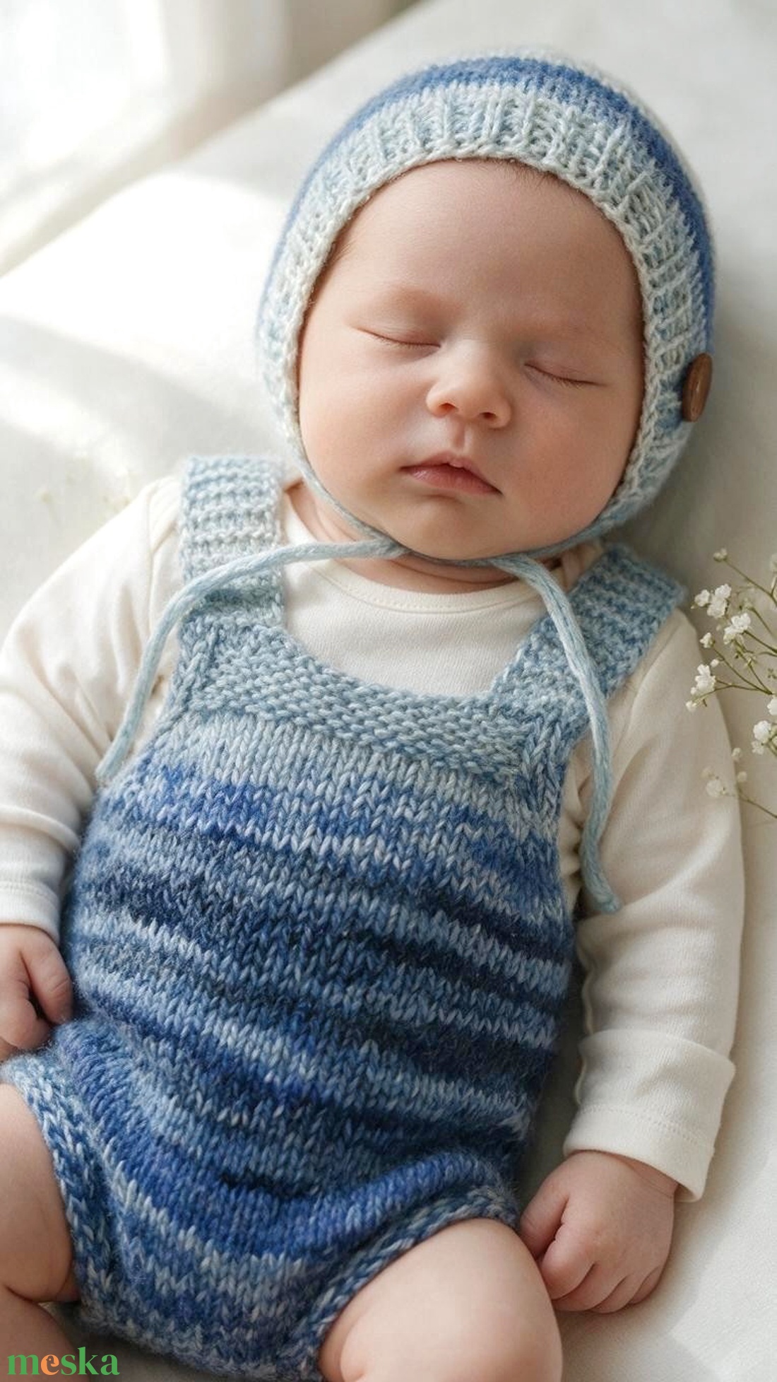 Kék-fehér kötött újszülött sapka és body szett  - baba - mama - babafotózás - szett újszülött fotózásra - Meska.hu