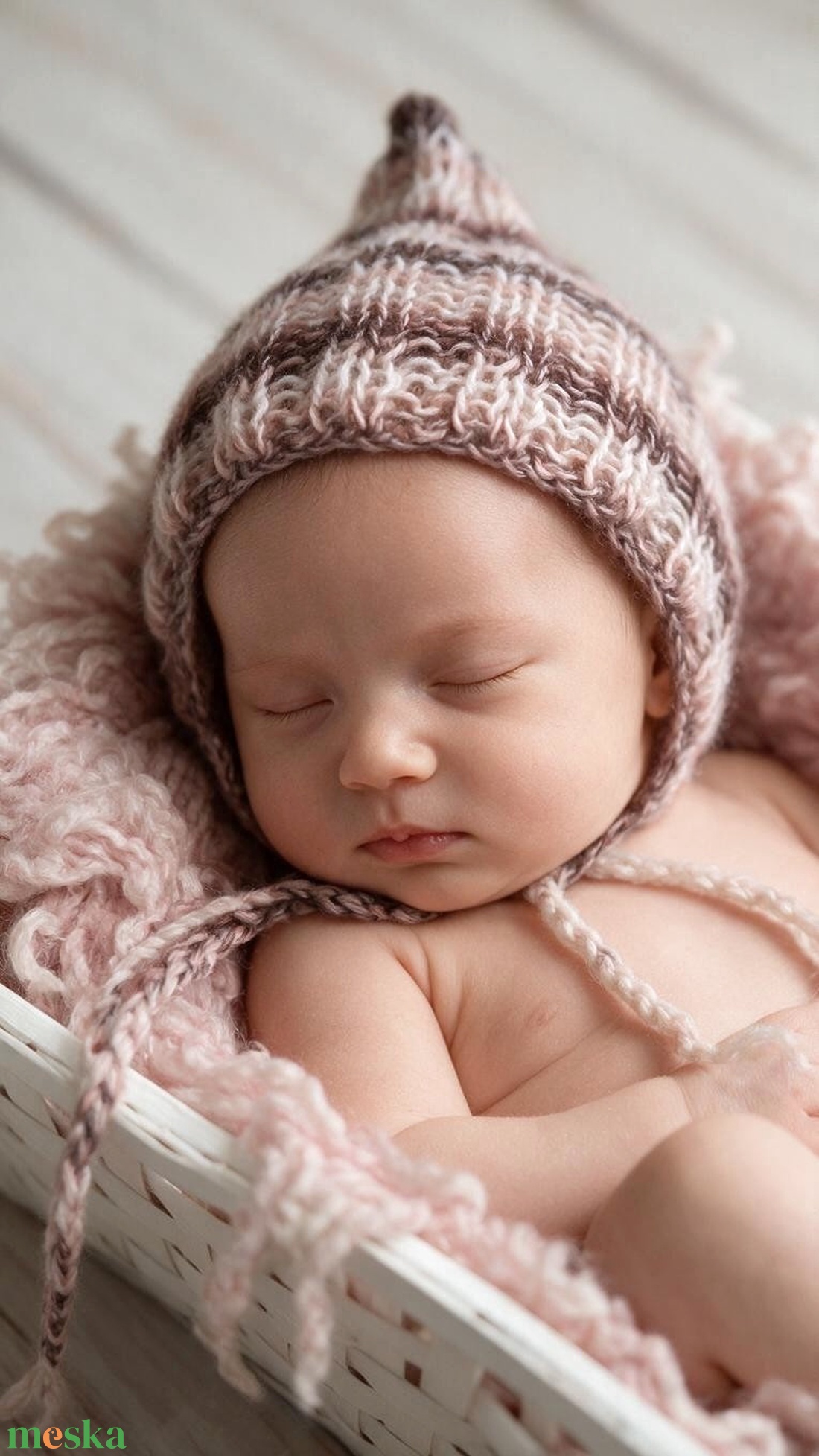 Rózsaszín-barna kötött újszülött sapka megkötővel - baba - mama - babaruházat - babasapka - Meska.hu