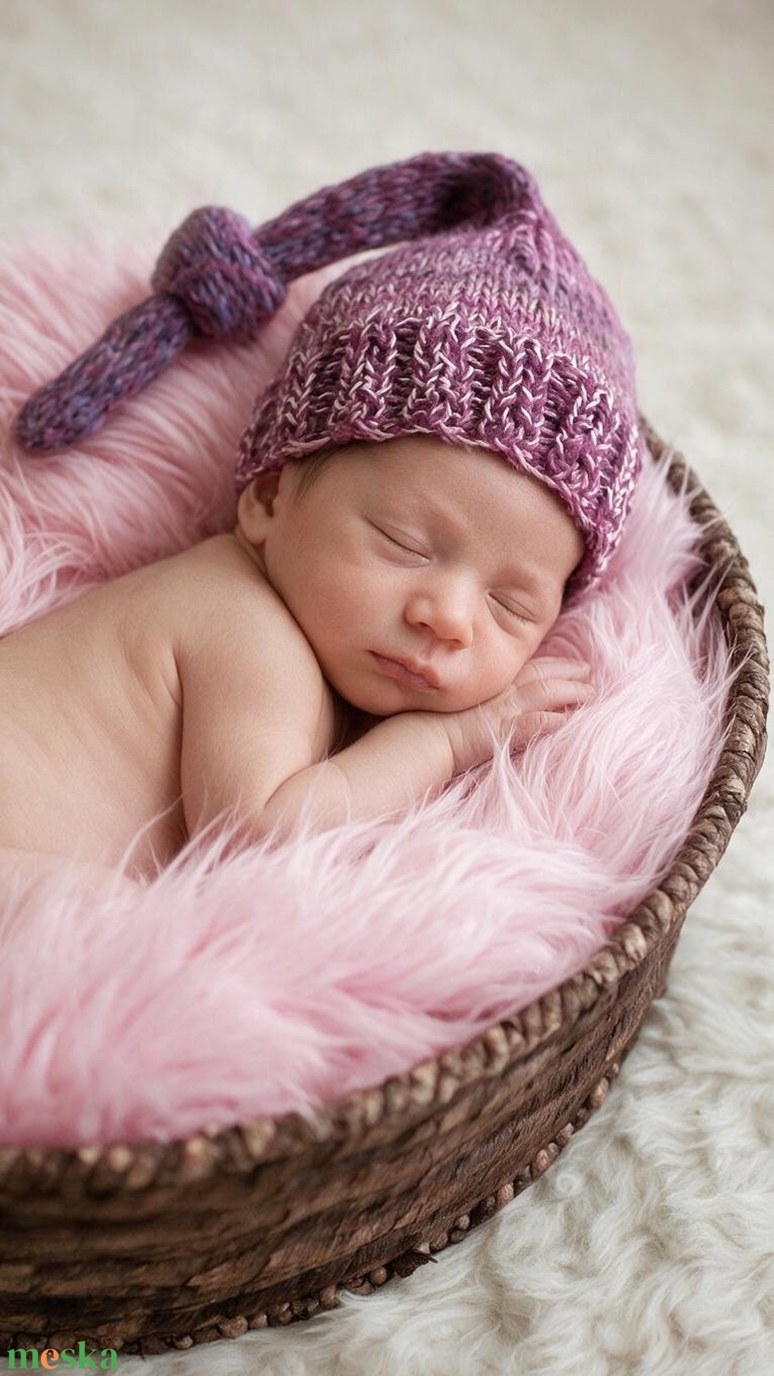 Lila-rózsaszín kötött újszülött sapka fotózásra - baba - mama - babaruházat - babasapka - Meska.hu