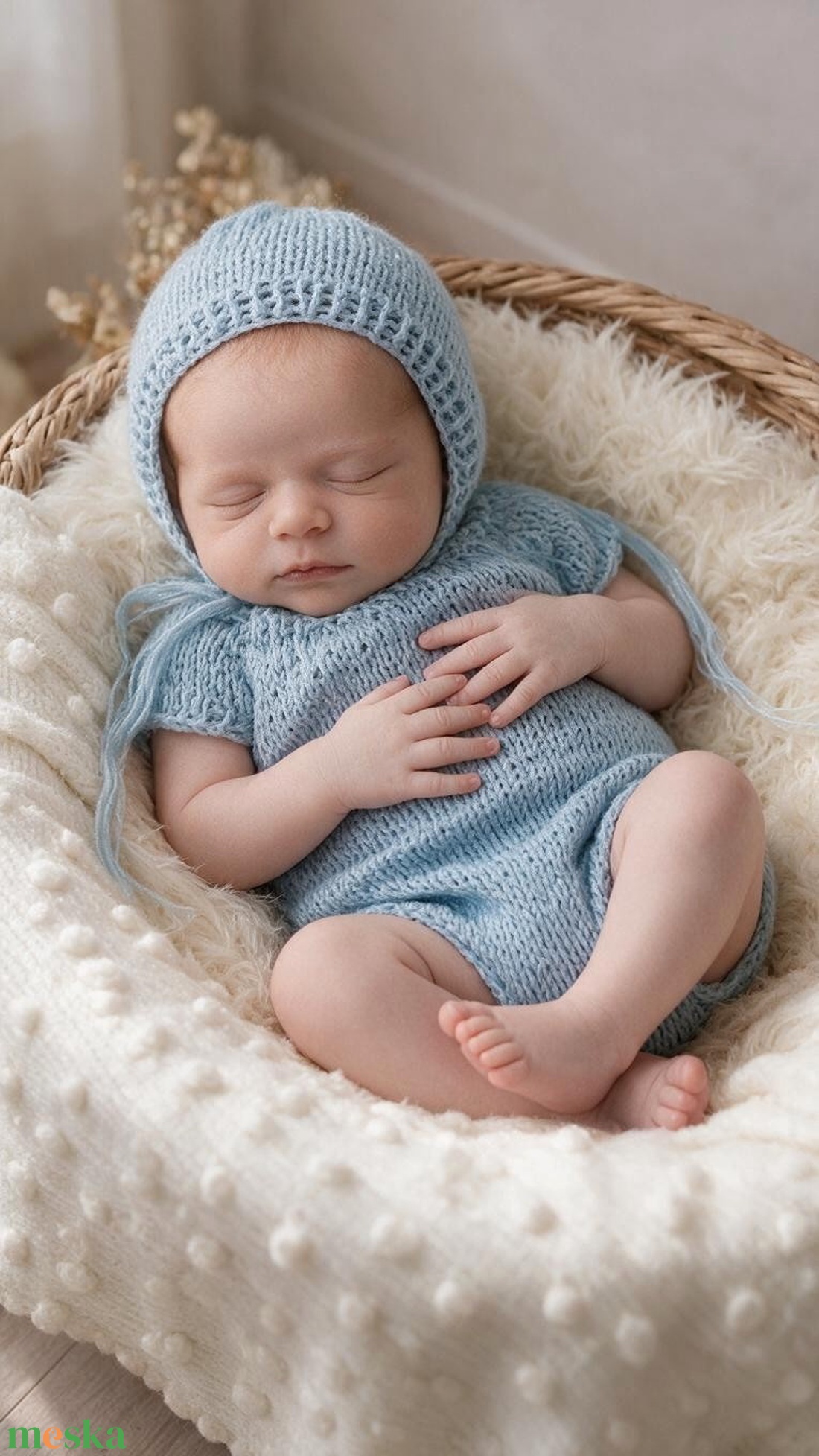 Világoskék kötött újszülött szett � babaruha és megkötős sapka fotózásra  - baba - mama - babafotózás - szett újszülött fotózásra - Meska.hu