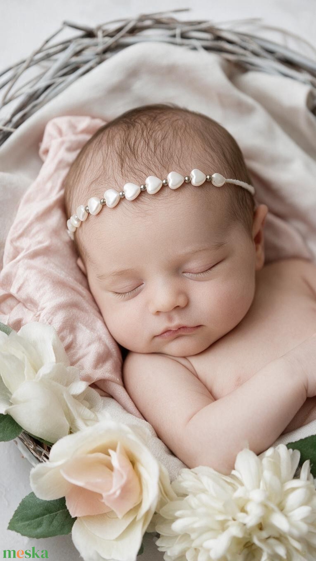 Fehér gyöngyház szívecskés újszülött fejpánt  kézzel készített fotózási kellék - baba - mama - babaruházat - baba fejpánt - Meska.hu