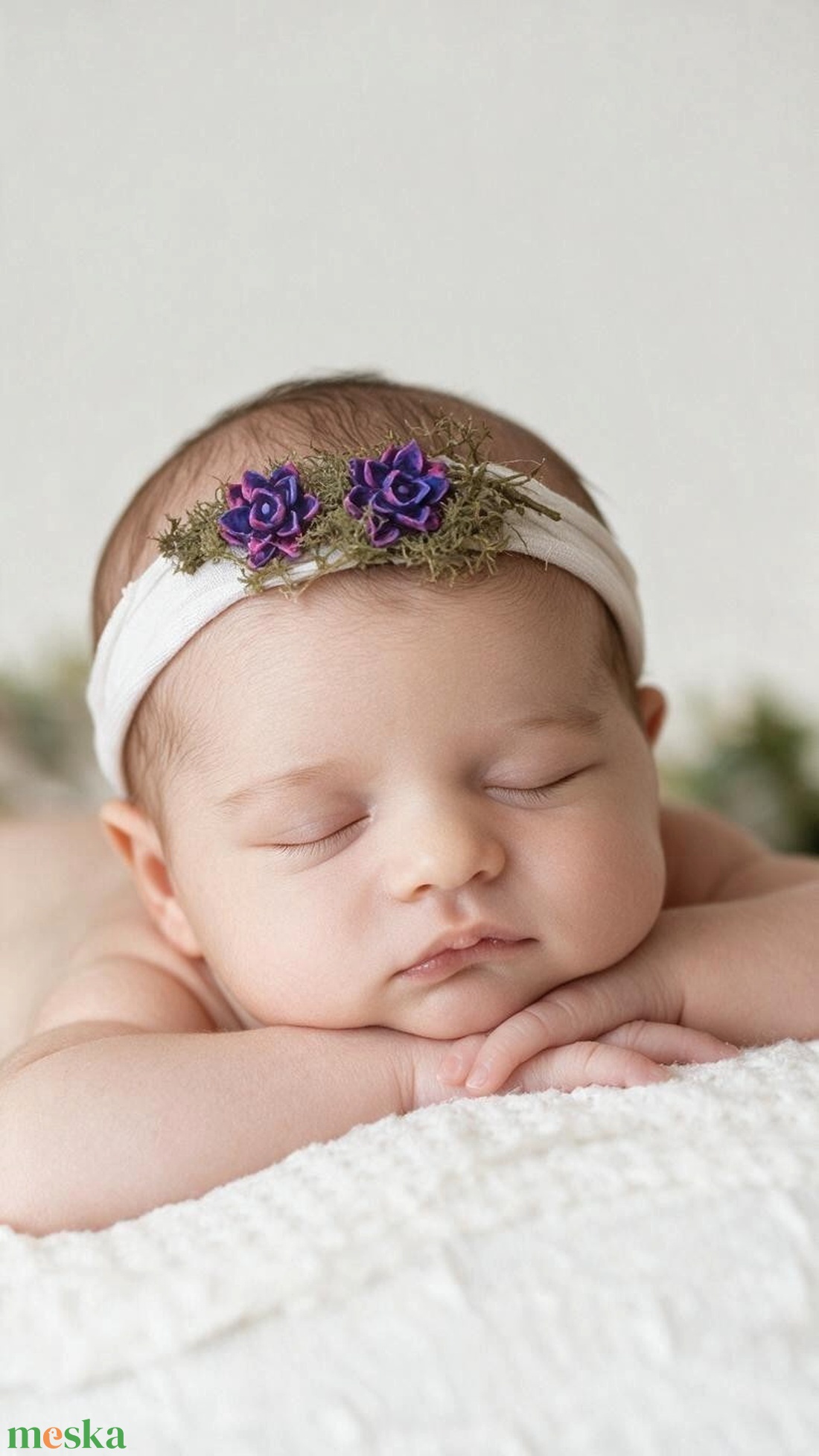 Lila rózsás újszülött fejpánt mohás díszítéssel  kézzel készített fotózási kellék - baba - mama - babaruházat - baba fejpánt - Meska.hu