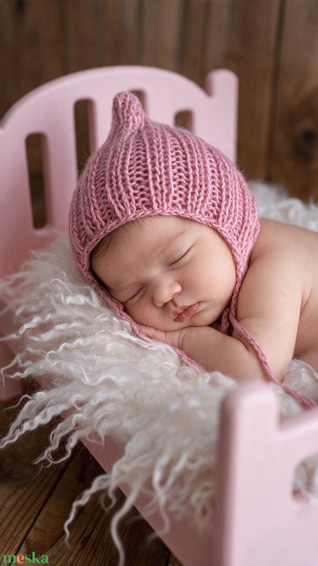 Mályvarózsaszín kötött újszülött manósapka megkötővel  babafotózási kellék - baba - mama - babaruházat - babasapka - Meska.hu