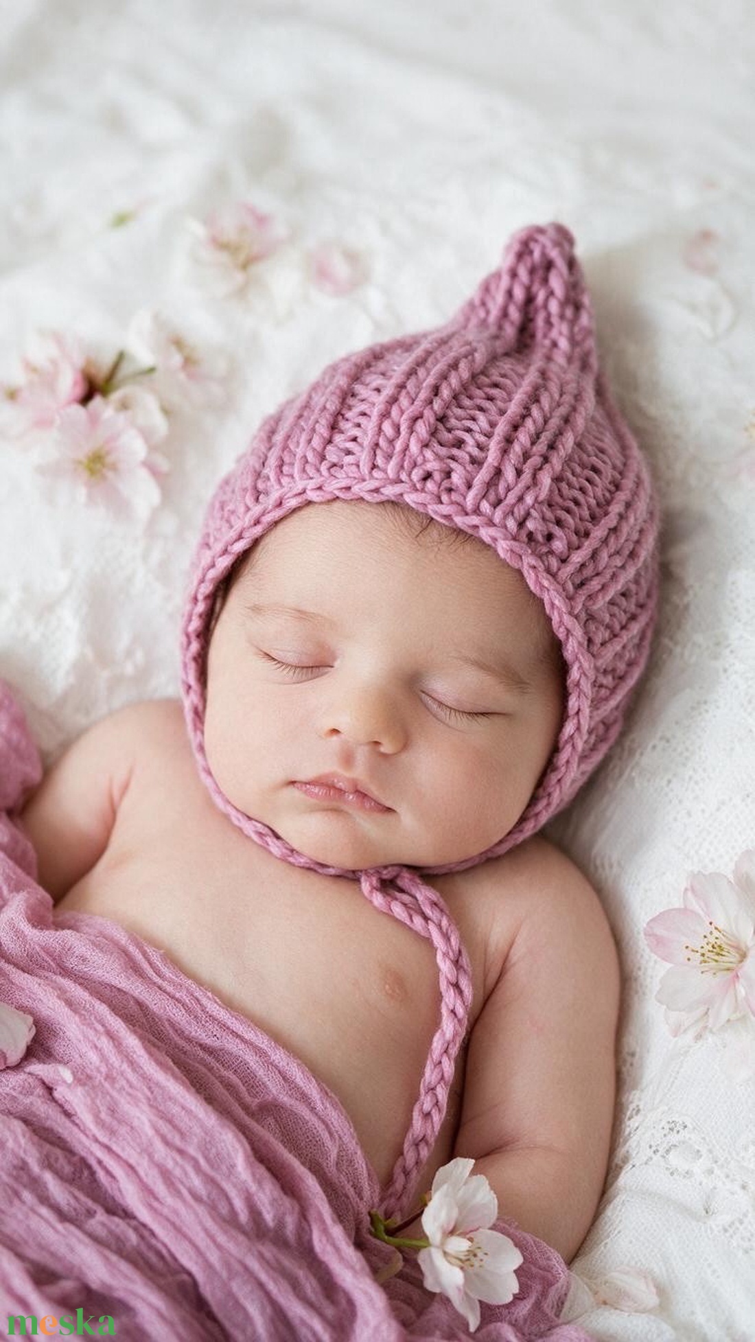 Mályvarózsaszín kötött újszülött manósapka � babafotózási kellék - baba - mama - babaruházat - babasapka - Meska.hu