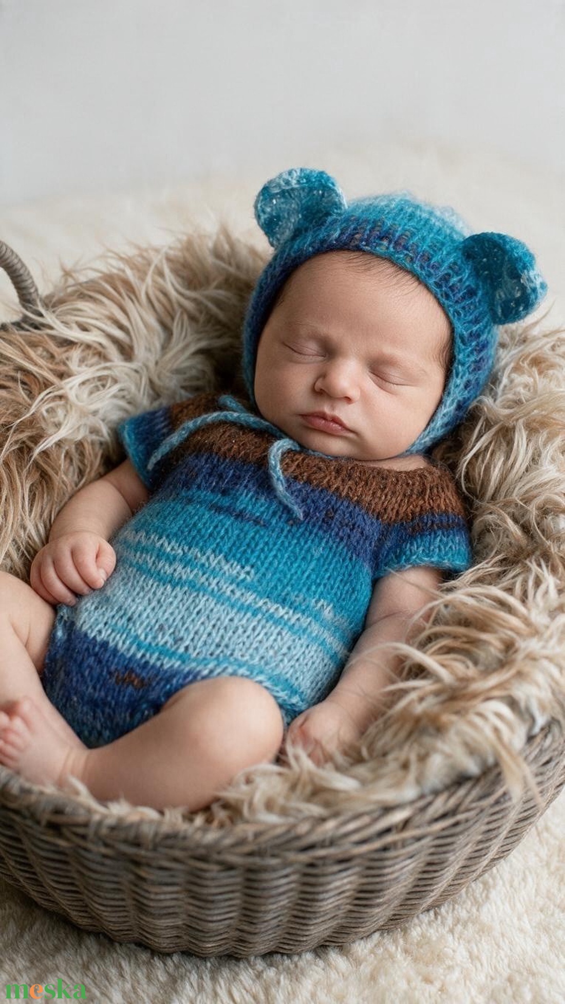 Kék-barna kötött újszülött kisfiú fotózási szett macifüles sapkával - baba - mama - babafotózás - szett újszülött fotózásra - Meska.hu