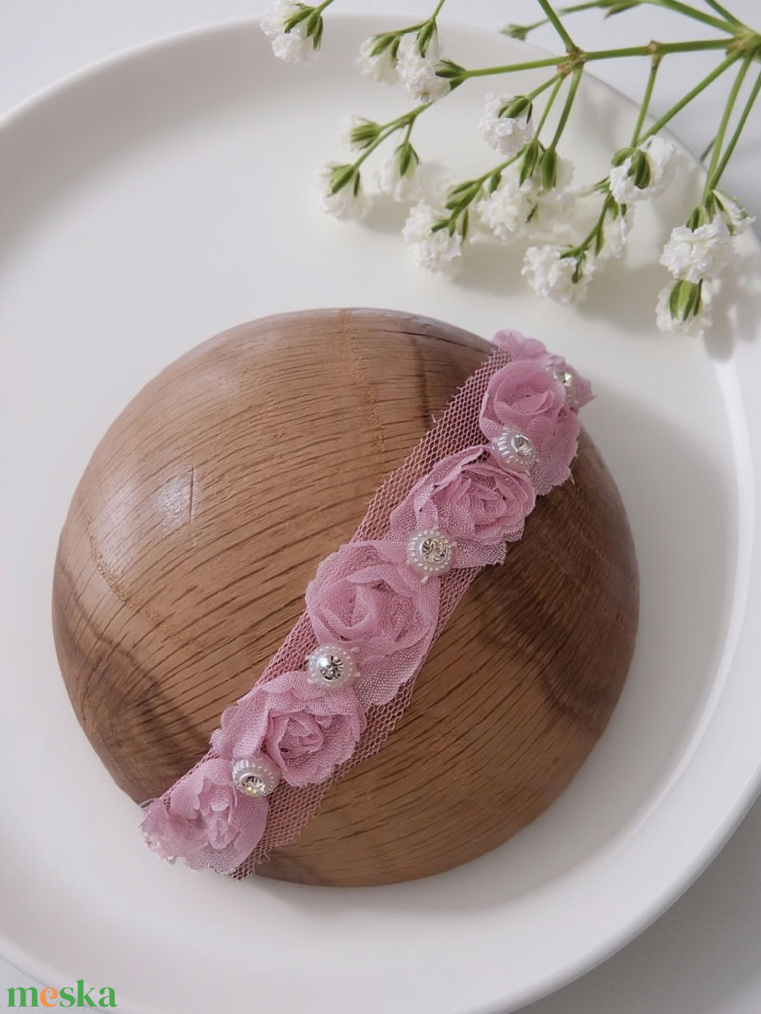 Rózsás újszülött fejpánt strasszköves díszítéssel � fotózáshoz - baba - mama - babaruházat - baba fejpánt - Meska.hu