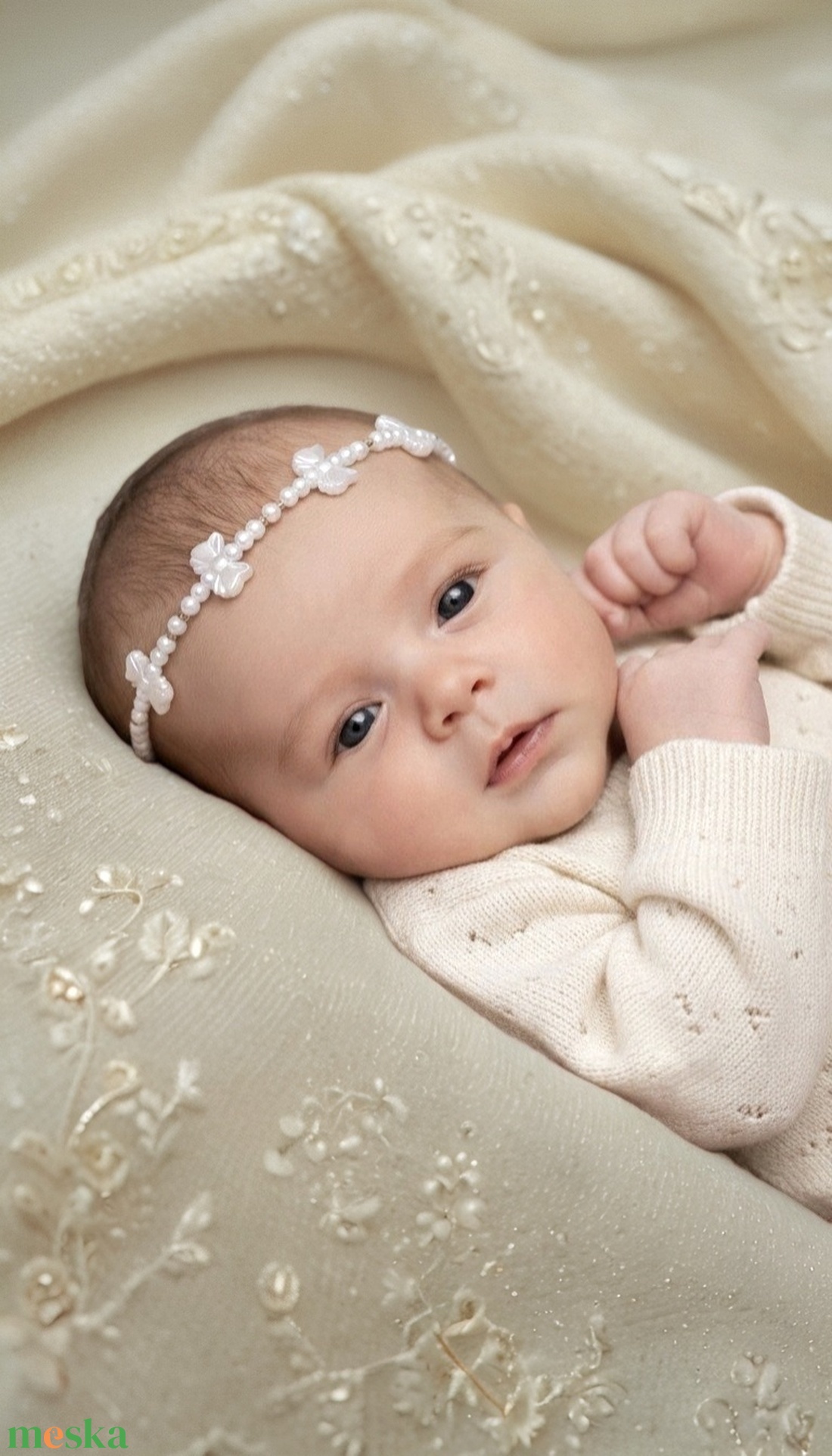  Fehér gyöngyös újszülött fejpánt � kézzel készített babafotózási kellék - baba - mama - babaruházat - baba fejpánt - Meska.hu