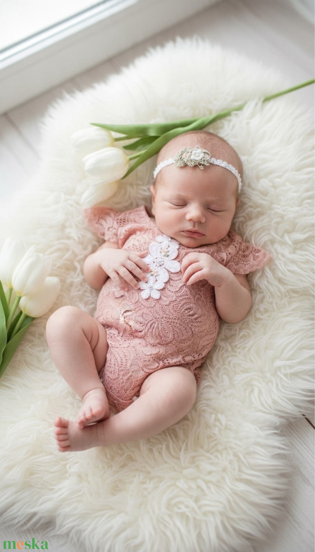 Barackrózsaszín csipkés újszülött fotózási body virágos fejpánttal - baba - mama - babafotózás - szett újszülött fotózásra - Meska.hu