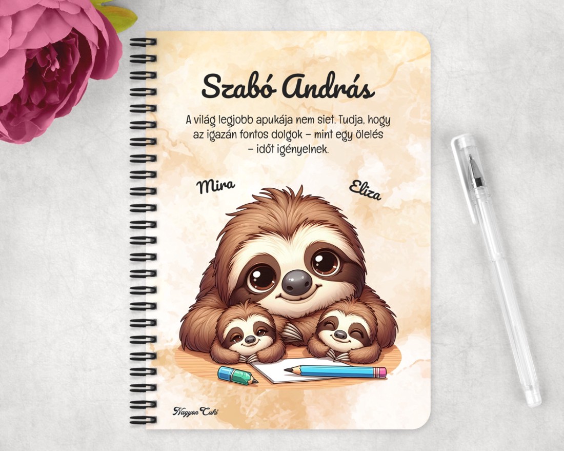 Személyre szabható - Cuki lajhár Apa és két gyereke mintás A6-os füzet - otthon & életmód - papír, írószer - jegyzetfüzet & napló - Meska.hu