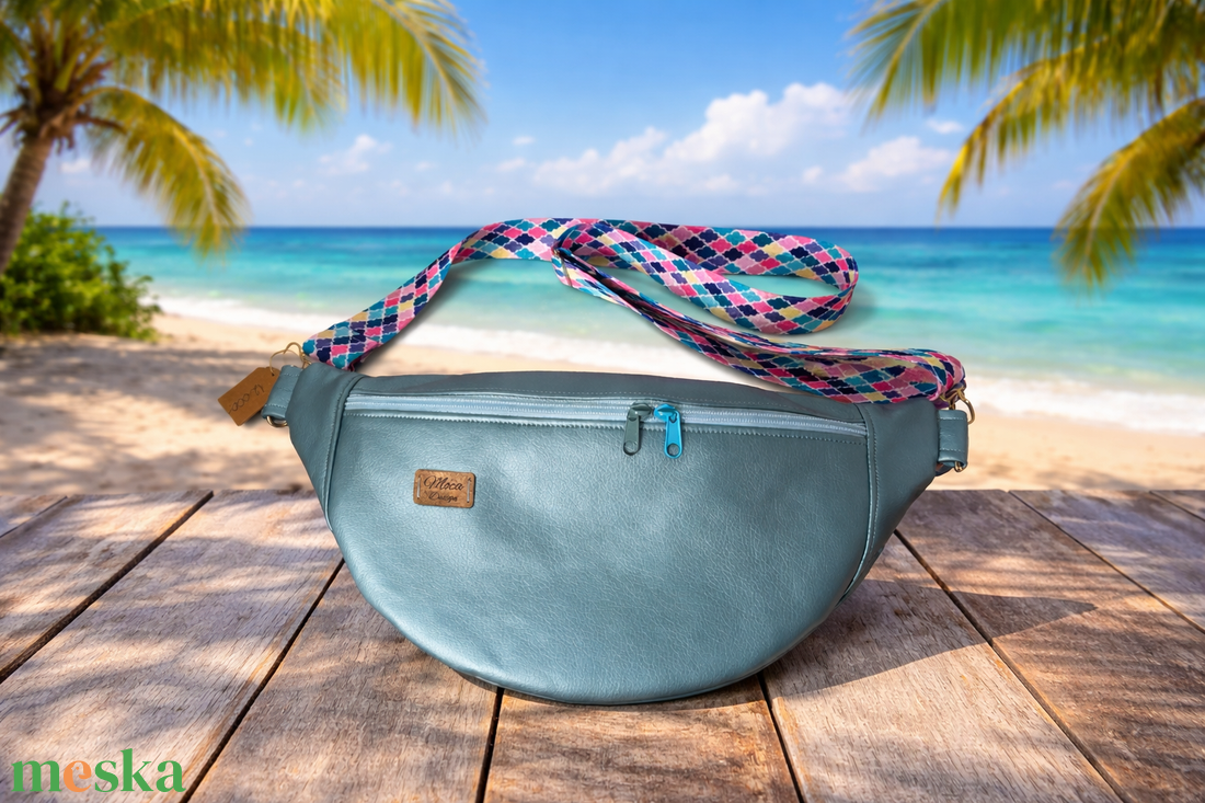 Metál világoskék ökobőr nagy Moonlight belt bag - táska & tok - övtáska - Meska.hu