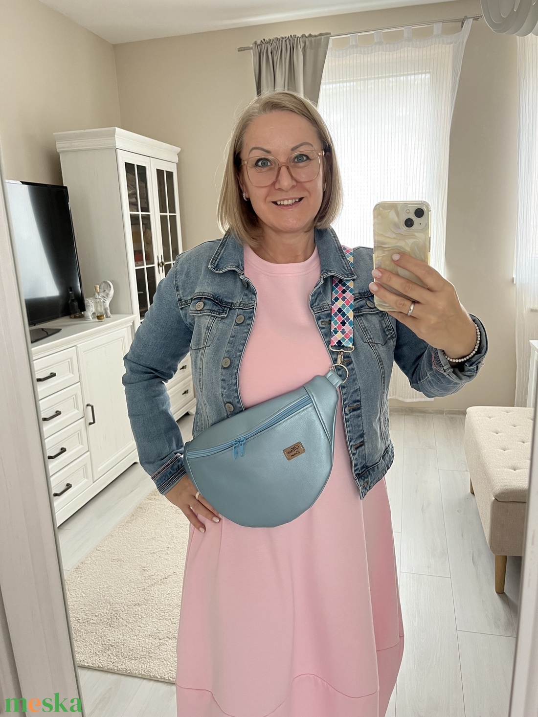 Metál világoskék ökobőr nagy Moonlight belt bag - táska & tok - övtáska - Meska.hu