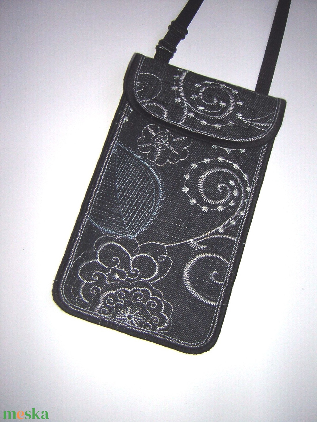 Telefontok állítható pánttal  XL telefon tartó Nyakbaakasztható kistáska hímzett farmer 2in1 - táska & tok - pénztárca & más tok - telefontok - Meska.hu