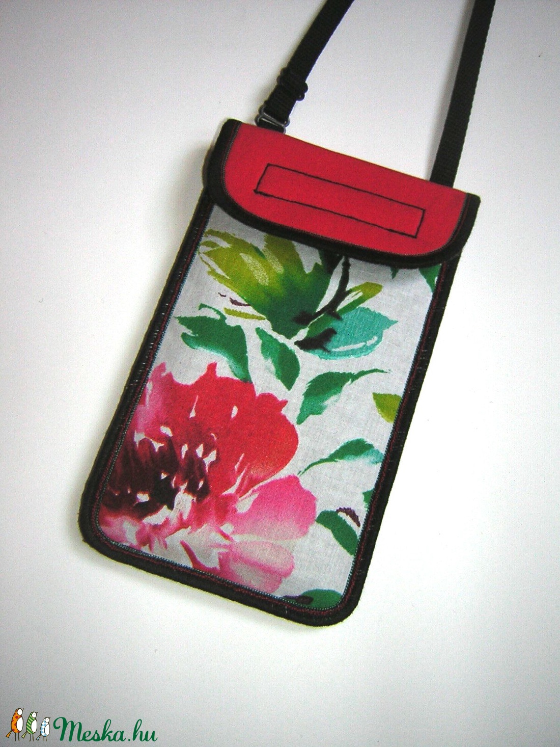 Állítható pántos mobil tok  Plus-os méretű telefonokhoz  vidám nyárias korall-fehér-zöld - táska & tok - kézitáska & válltáska - vállon átvethető táska - Meska.hu