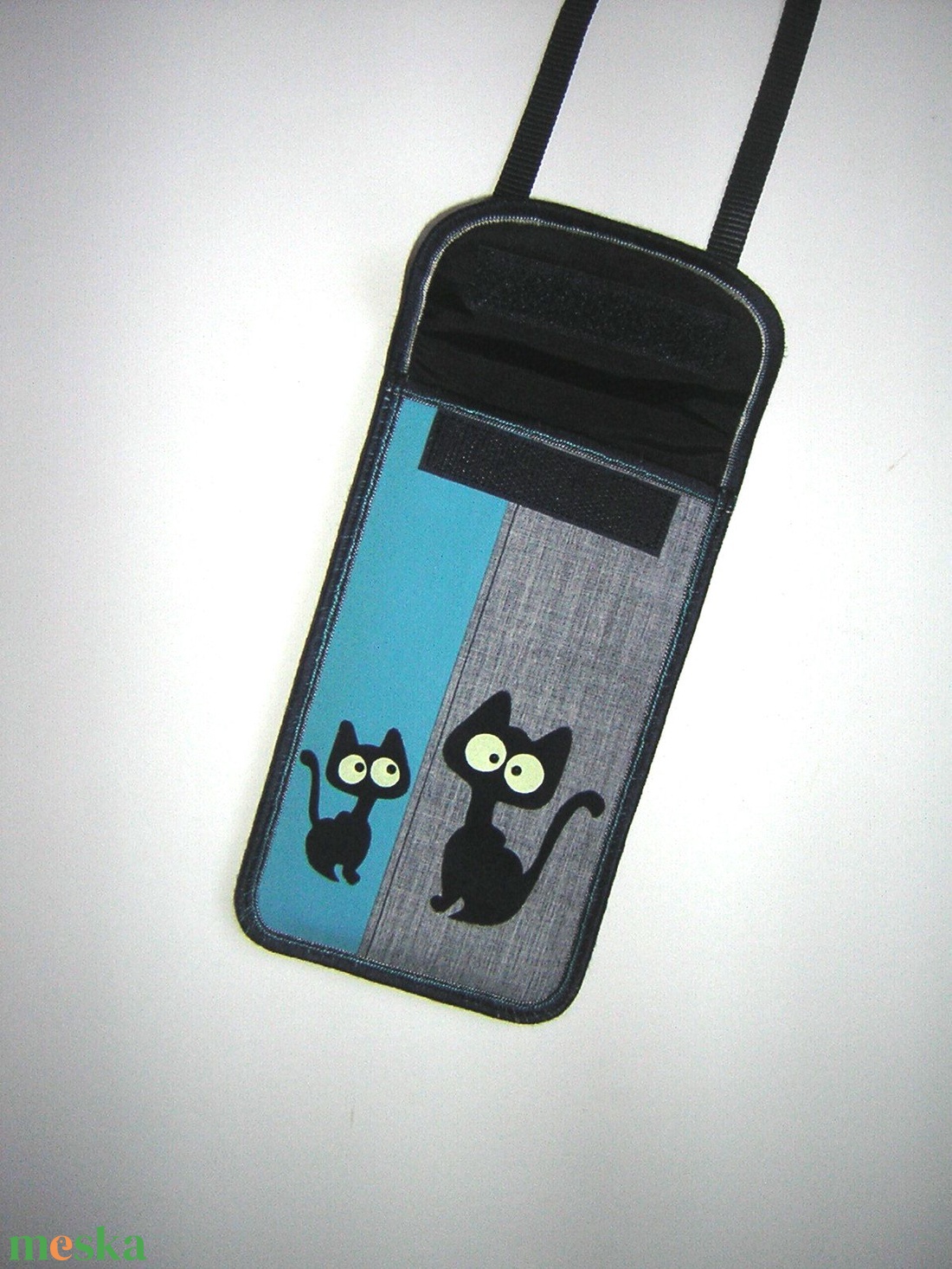 Mobiltok nyakbaakasztható Cicás kistáska fekete-szürke-türkiz #telefontok - táska & tok - pénztárca & más tok - telefontok - Meska.hu