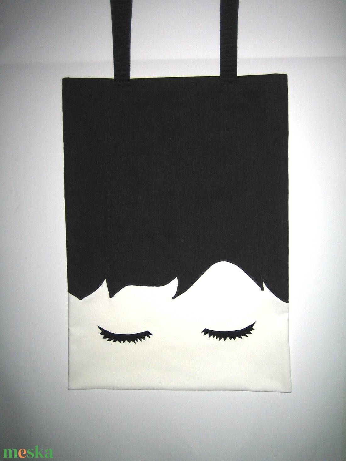 Bevásárló szatyor erős vászon táska fekete-fehér szempillás - táska & tok - bevásárlás & shopper táska - shopper, textiltáska, szatyor - Meska.hu
