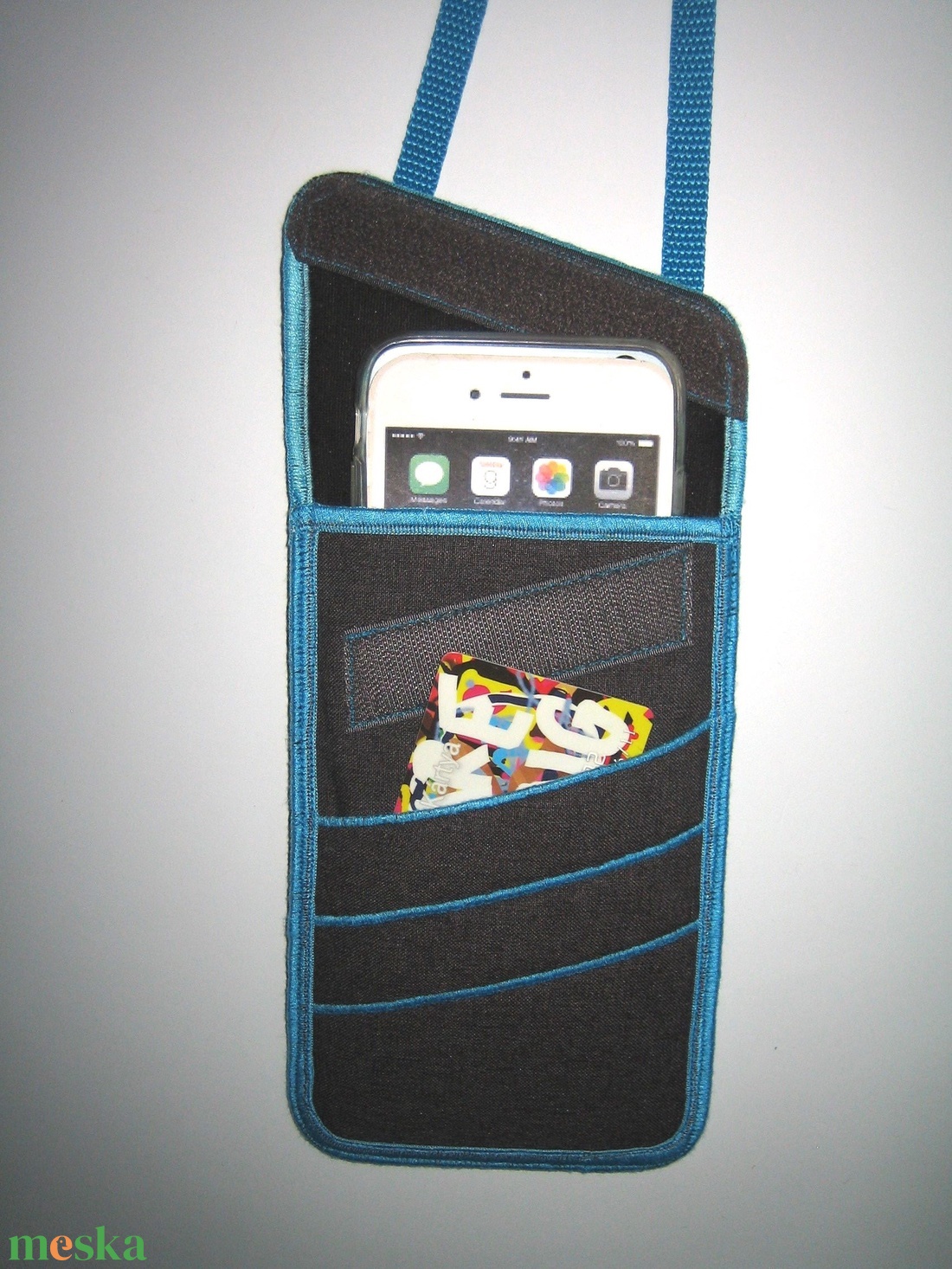 Zsebes telefontok állítható pánttal  XL telefon tartó Nyakba is akasztható 2in1 kistáska szürke türkiz  #mobiltartó - táska & tok - pénztárca & más tok - telefontok - Meska.hu