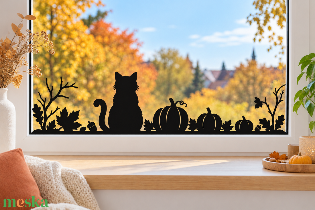 Macska és tökök � őszi fekete ablakmatrica ágakkal és falevelekkel - otthon & életmód - dekoráció - halloween - halloweeni dekoráció - Meska.hu