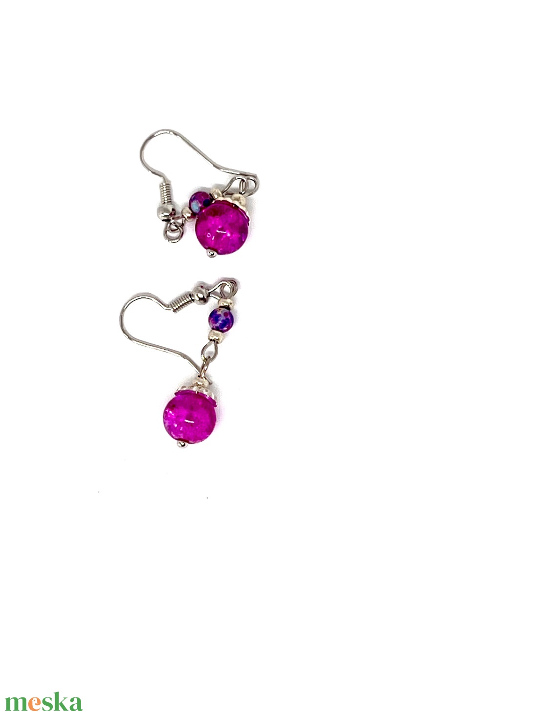 Rózsaszín-türkiz lógós roppantott üveg gyöngy fülbevaló ezüstszín szerel�kkel - ékszer - fülbevaló - lógó fülbevaló - Meska.hu