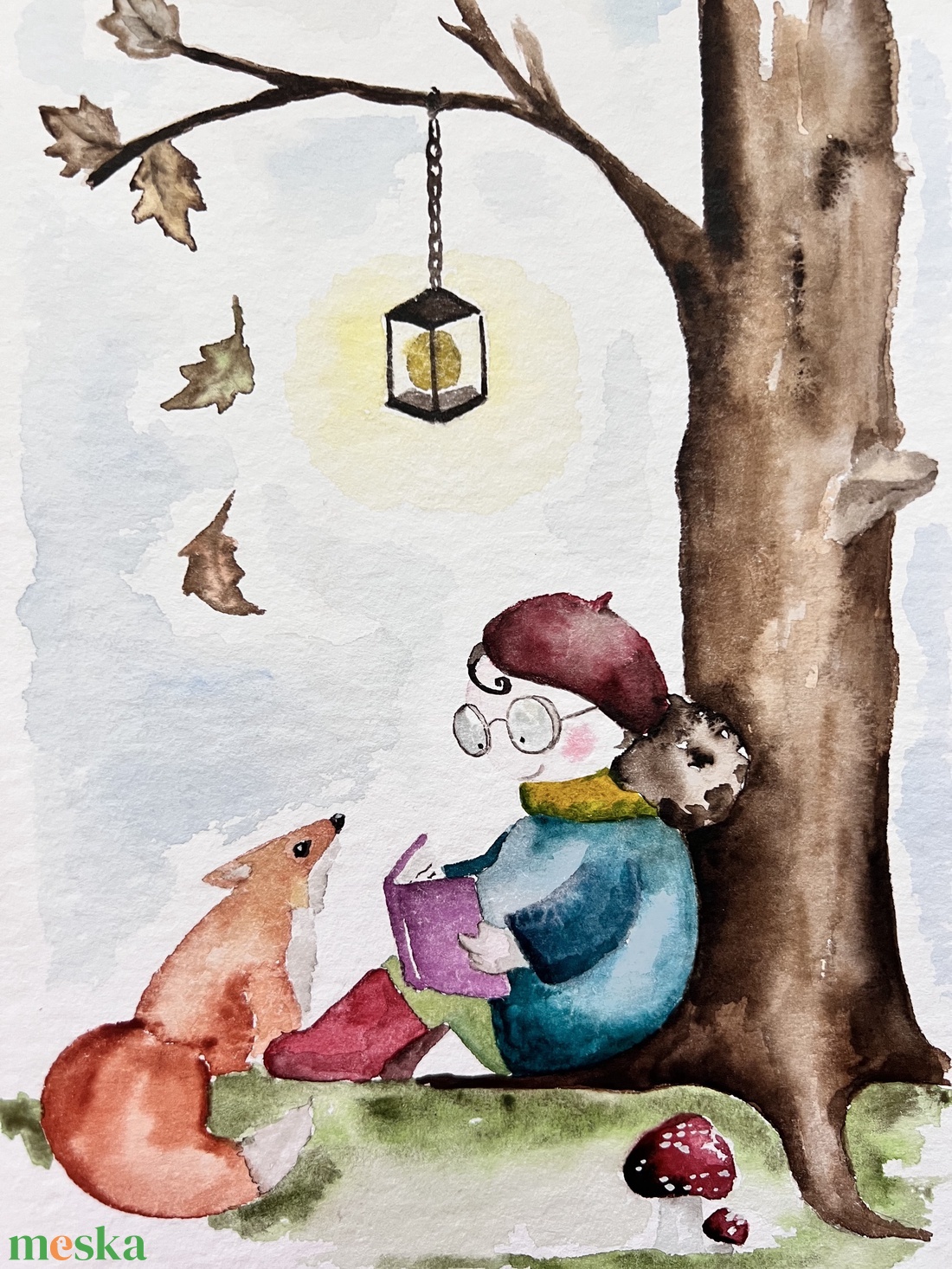 Kislány rókával az őszi erdőben - művészet - festmény - akvarell - Meska.hu